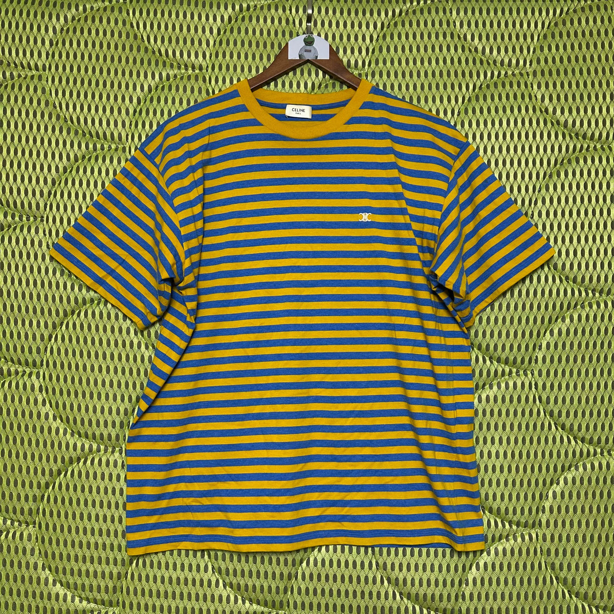 Celine Yellow Blue Stripe Arc de Triomphe Embroidered Cotton Short Sleeve Top