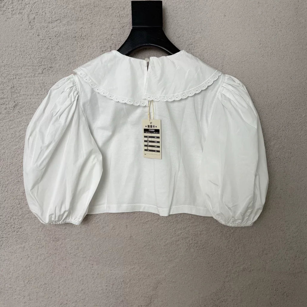 Miu Miu High-Waist Peter Pan Collar Puff Sleeve Top
