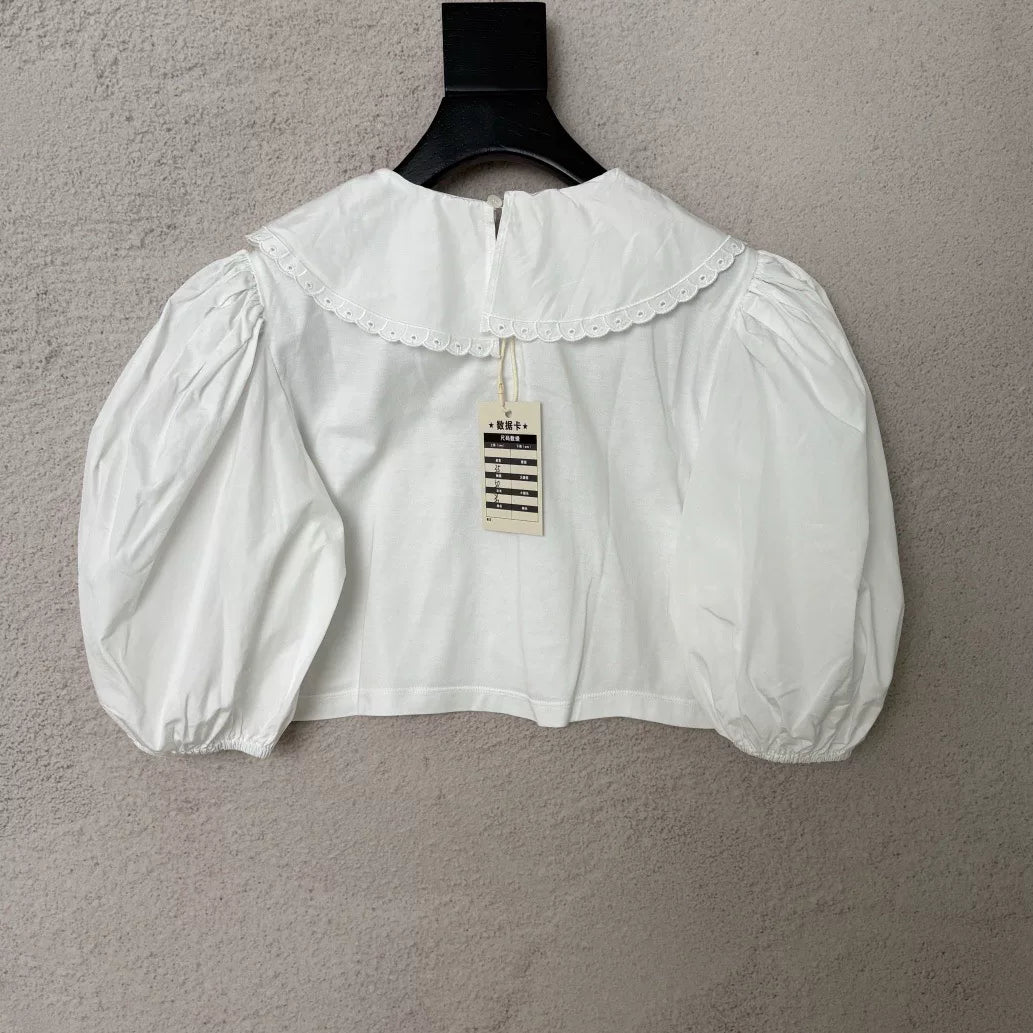 Miu Miu High-Waist Peter Pan Collar Puff Sleeve Top