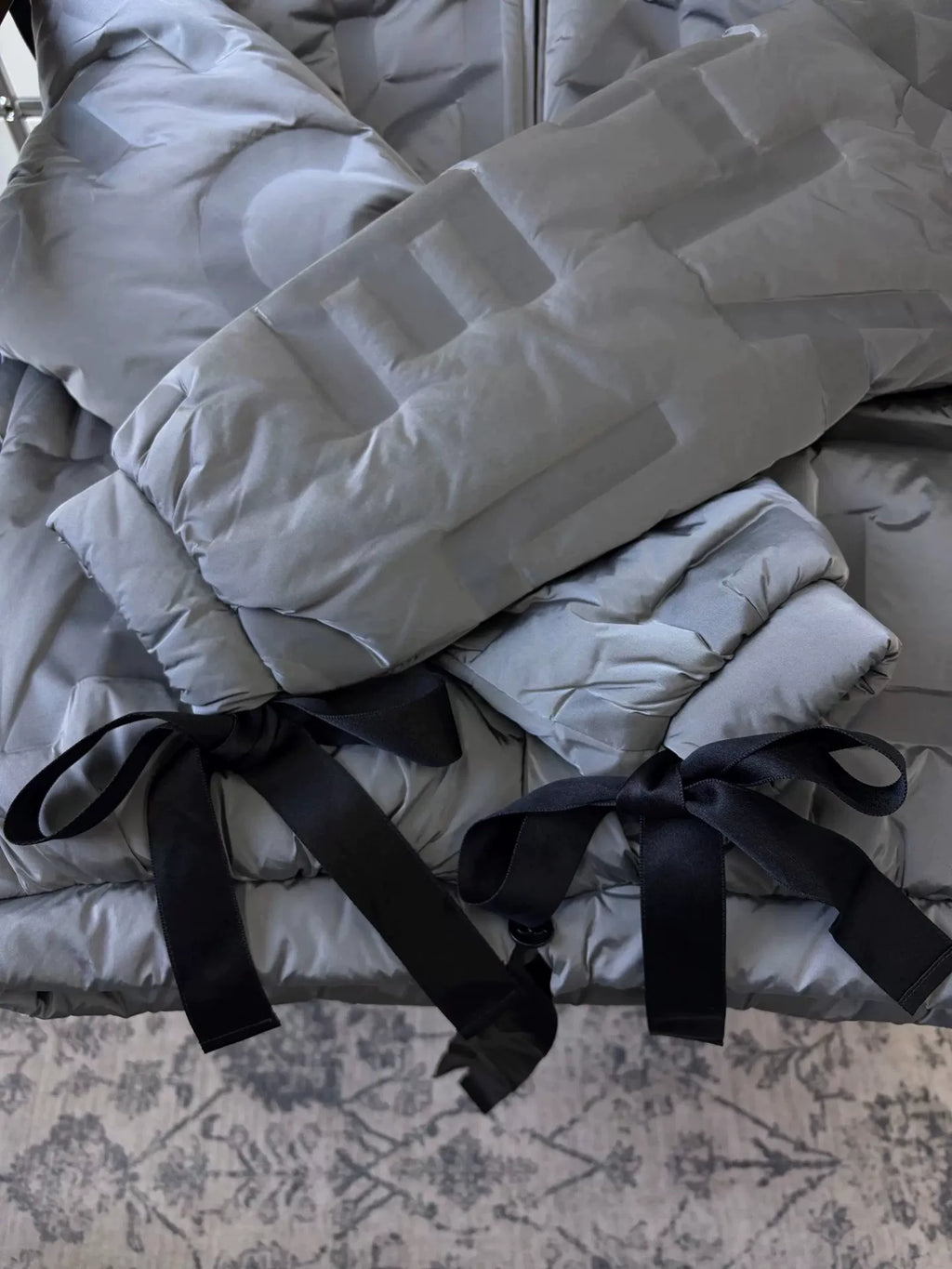 Chanel Silver Grey Letter Embossed Tied-Bow Nylon Down Jacket