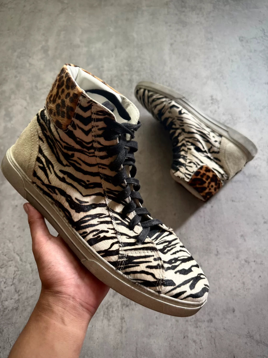 Saint Laurent Paris Black White Zebra Leopard Hair Suede High-Top Sneakers