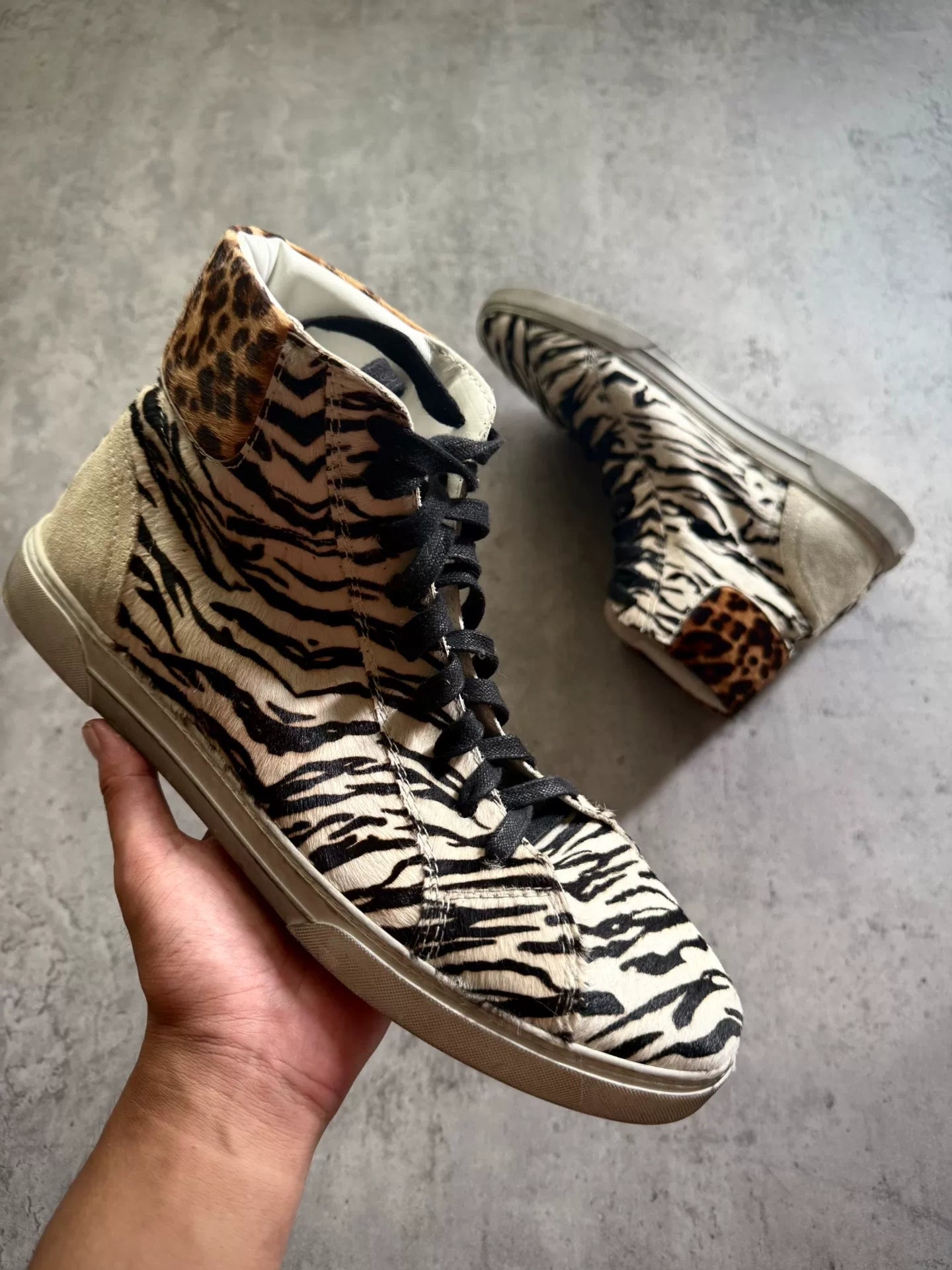 Saint Laurent Paris Black White Zebra Leopard Hair Suede High-Top Sneakers