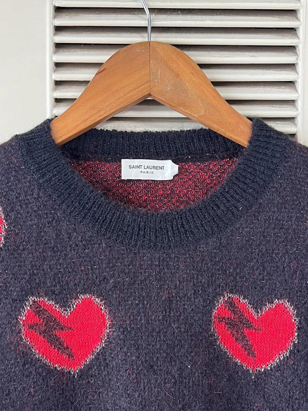 Saint Laurent black mohair sweater with heart and lightning bolt design
