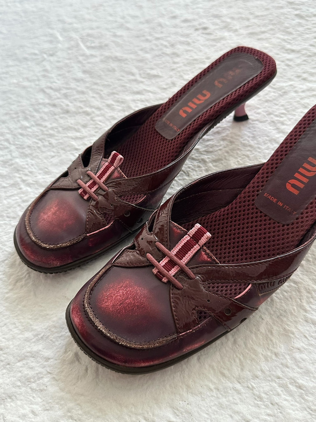Miu Miu 00SS Wine Red Patent Leather Distressed Mule Slippers