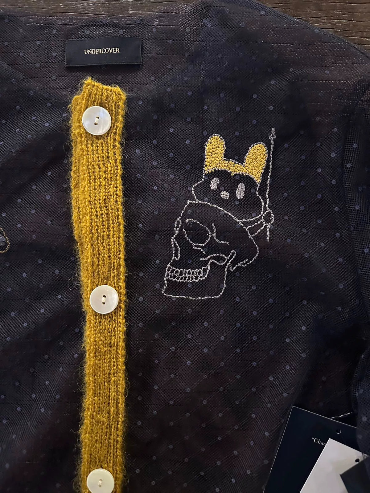 Undercover FW16 Navy Blue Tulle Patchwork Cat Embroidery Mohair Hooded Sweater