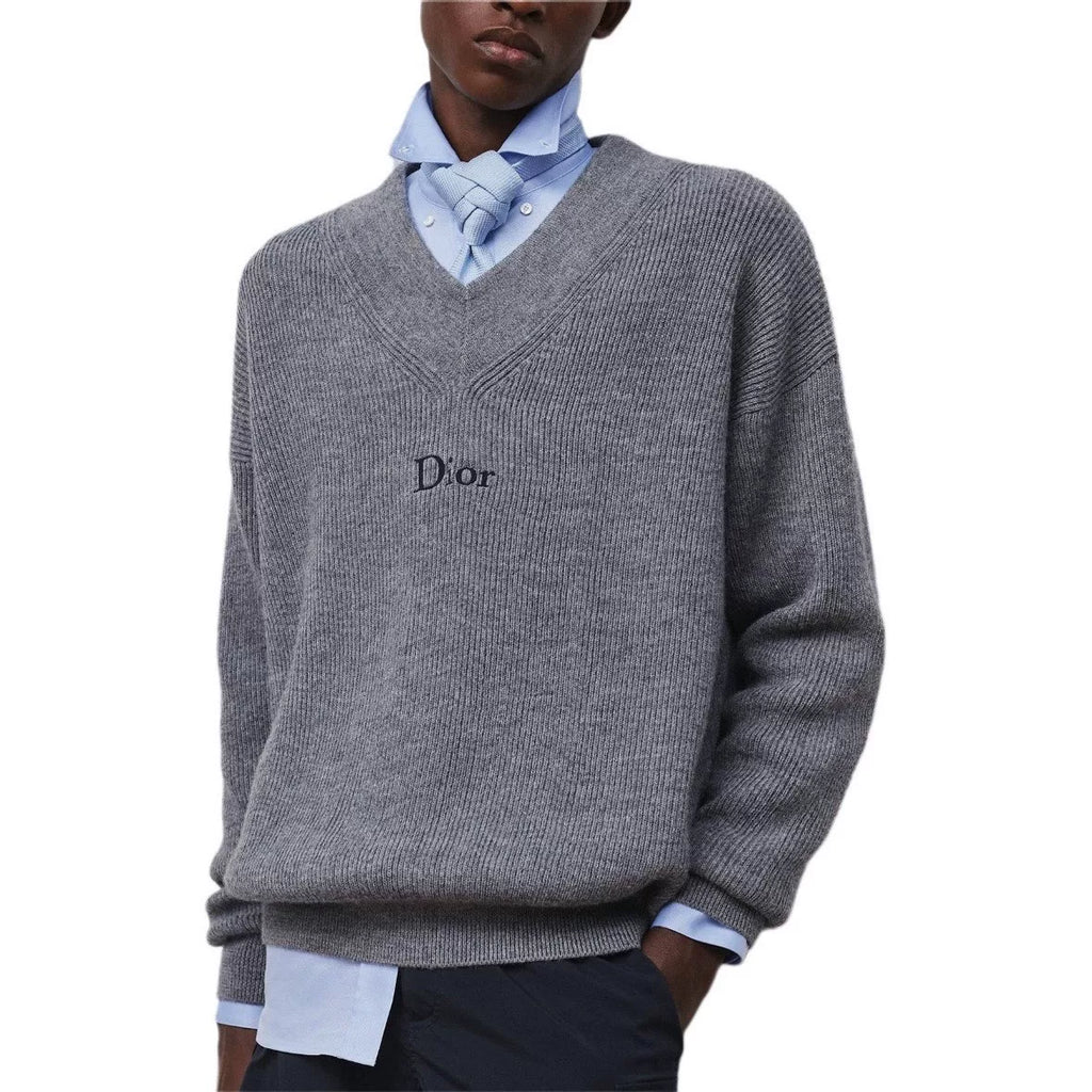 Dior SS26 Grey Embroidered Letter V-Neck Wool Alpaca Knit Sweater