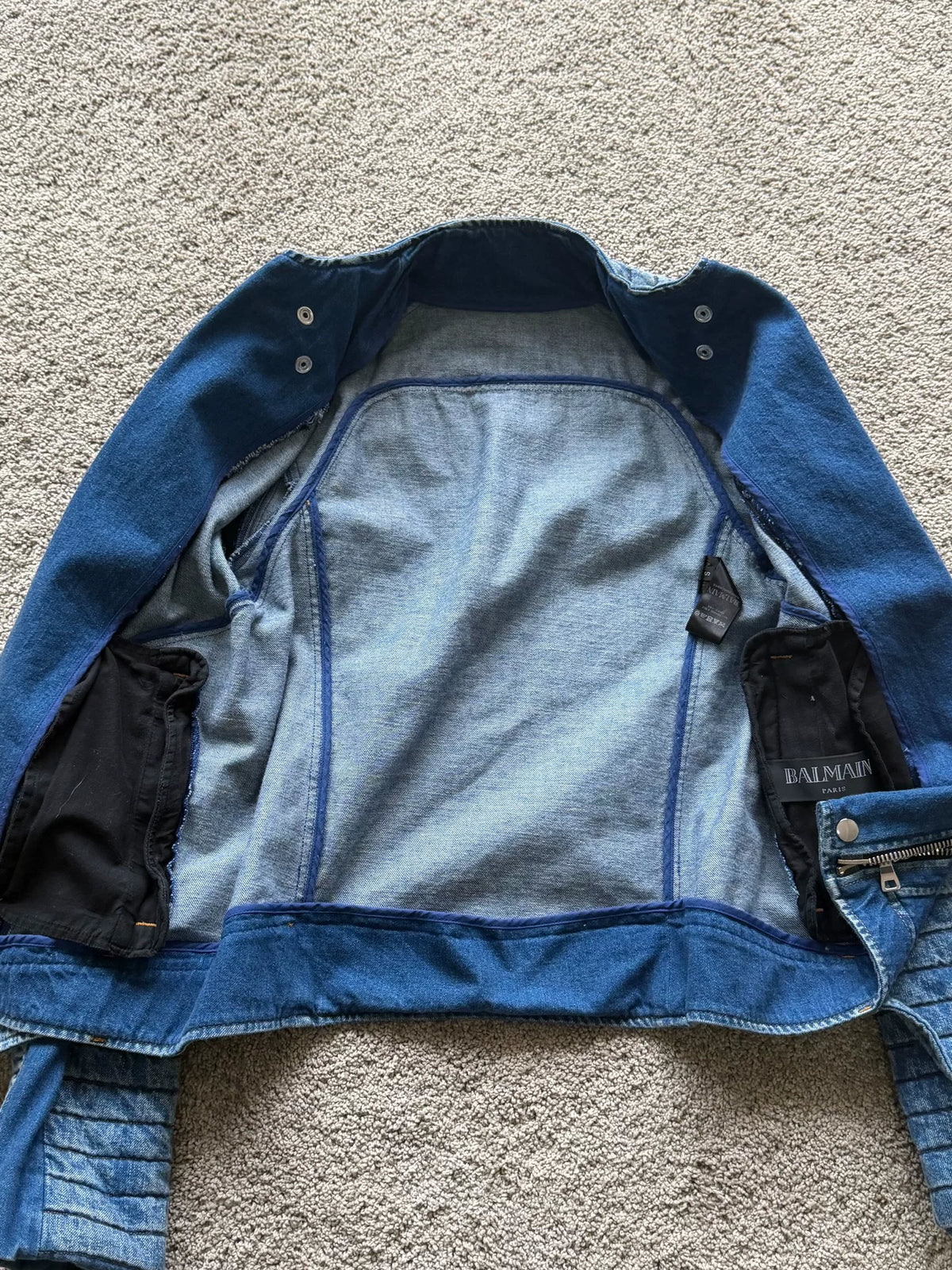 Balmain Quilted Biker Denim Jacket Anchor Patch