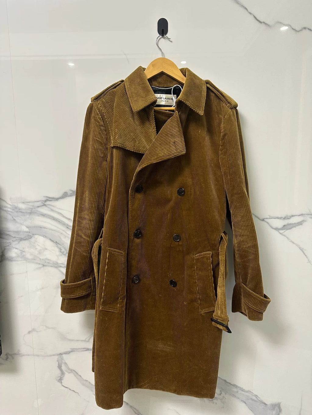 Saint Laurent Brown Corduroy Double-Breasted Belted Trench Coat