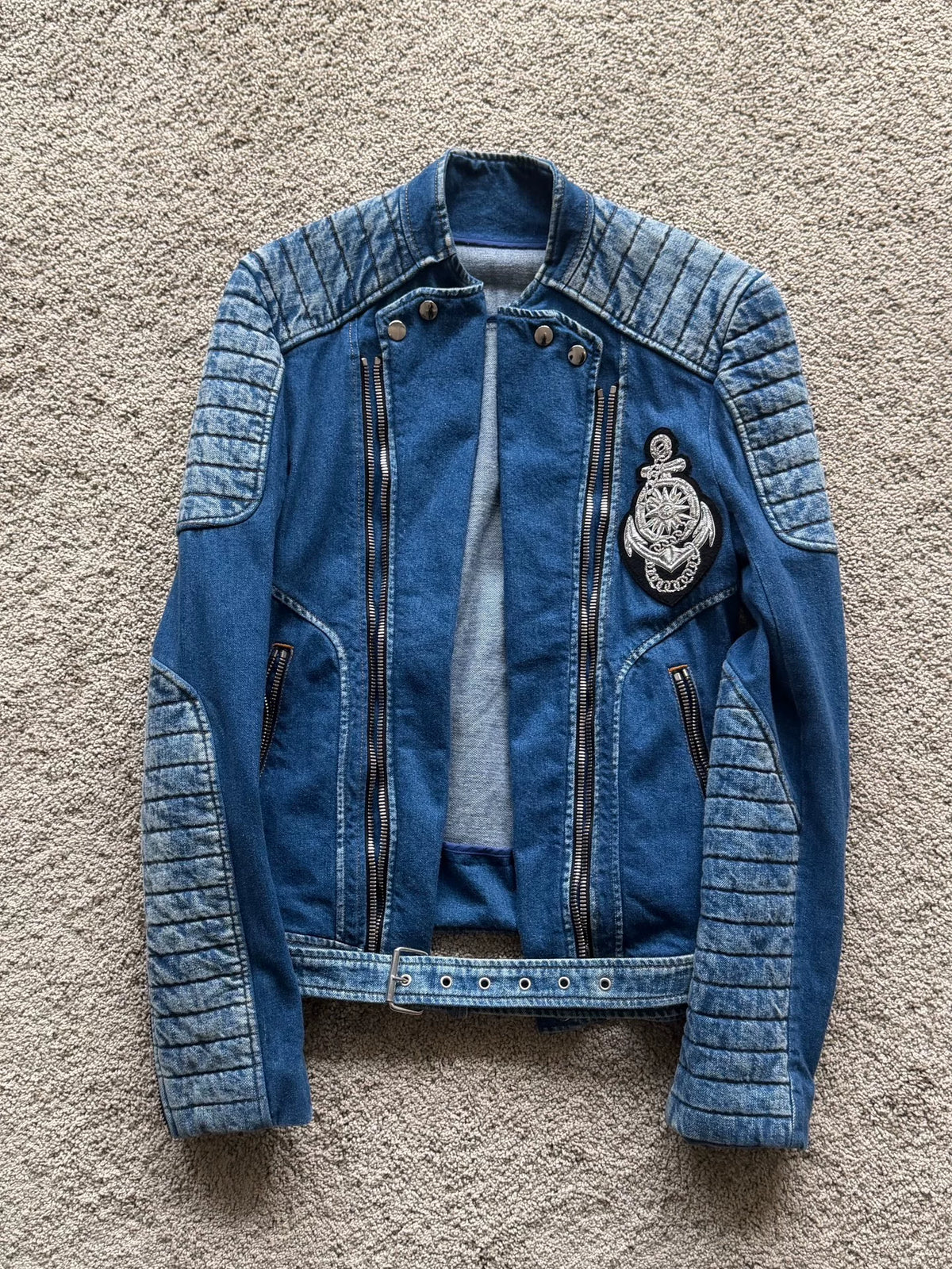 Balmain Quilted Biker Denim Jacket Anchor Patch