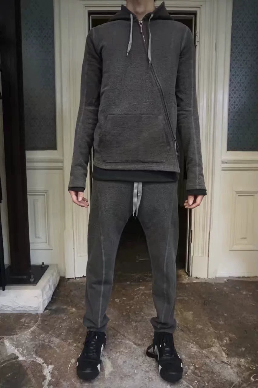 Taichi Murakami Grey Diagonal Zip-Up Cotton Hooded Sweater