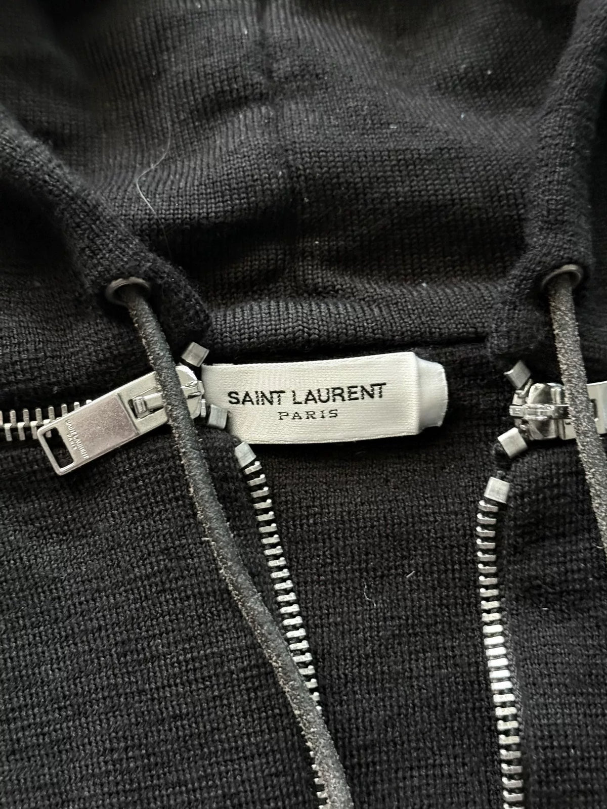 Saint Laurent Paris 13SS Black Leather Elbow Patch Detachable Hood Zip-Up Hoodie by Hedi Slimane