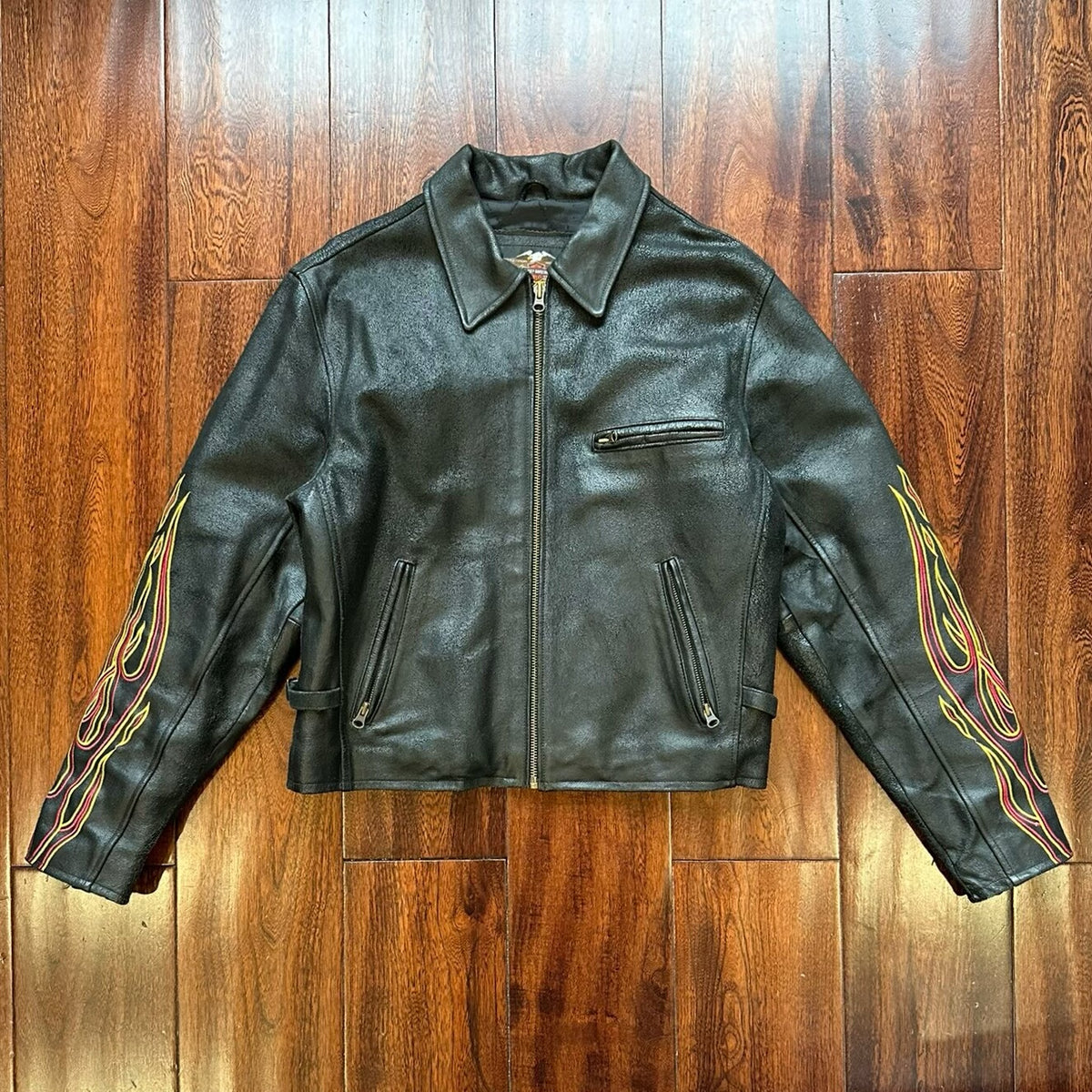 Vintage Harley Davidson Heavyweight Cowhide Flame Embroidered Leather Jacket