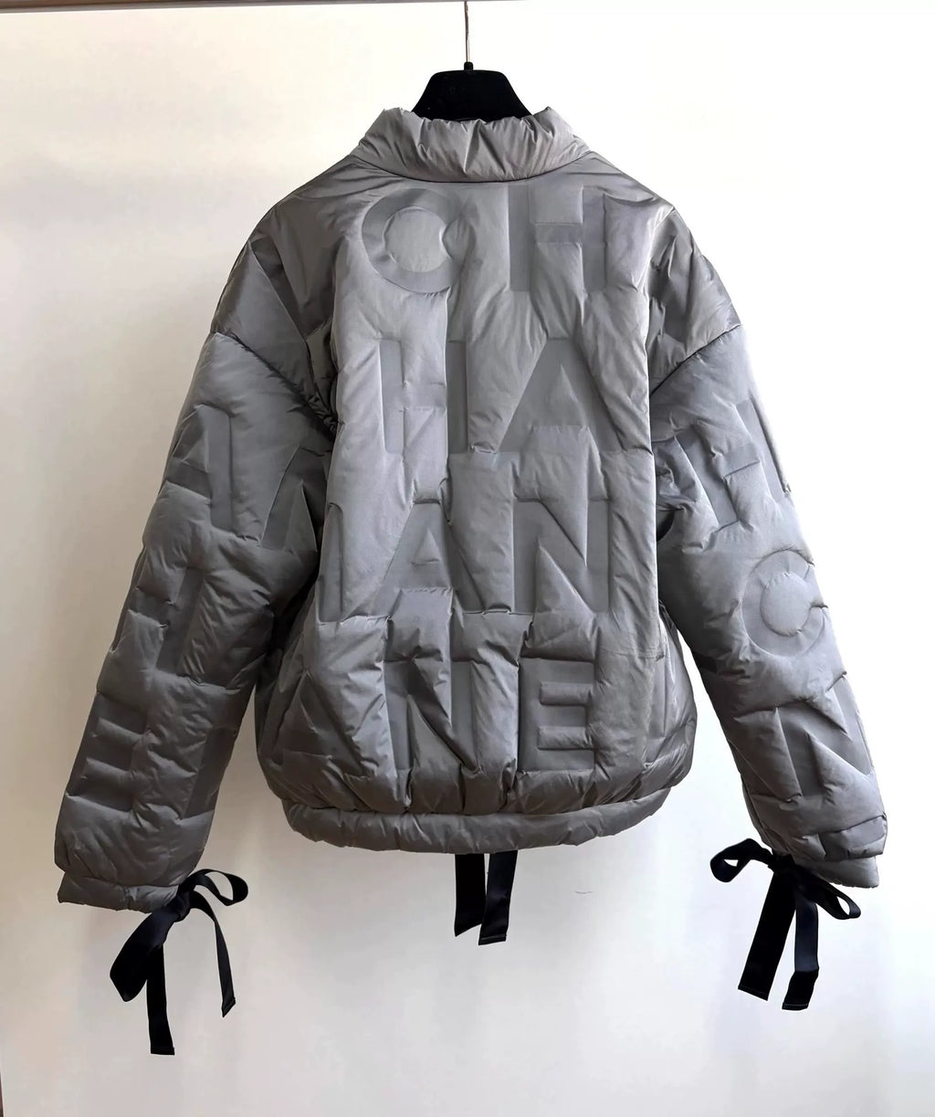 Chanel Silver Grey Letter Embossed Tied-Bow Nylon Down Jacket