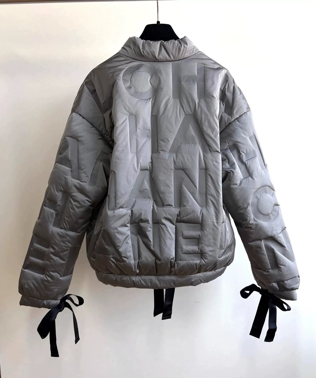 Chanel Silver Grey Letter Embossed Tied-Bow Nylon Down Jacket