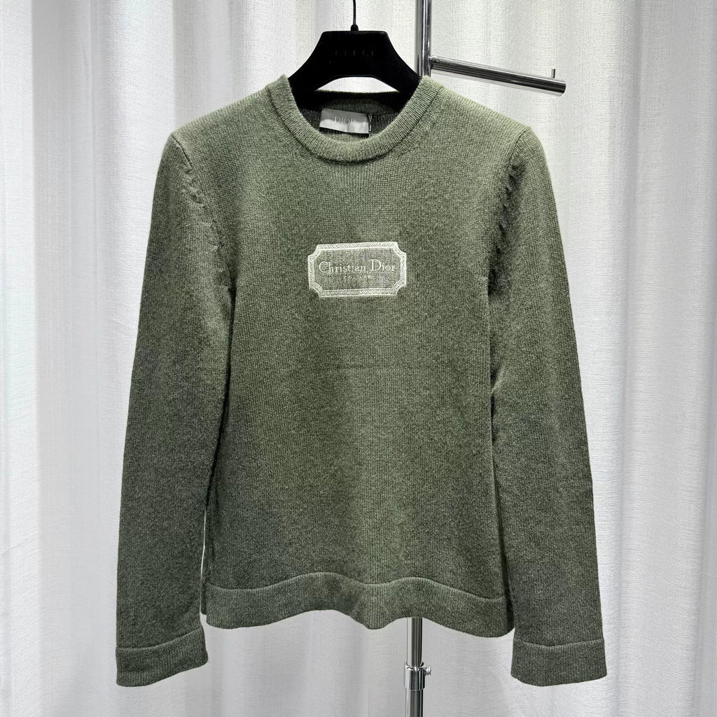 Dior Olive Slogan Embroidered Logo Ribbed Collar Cashmere Sweater