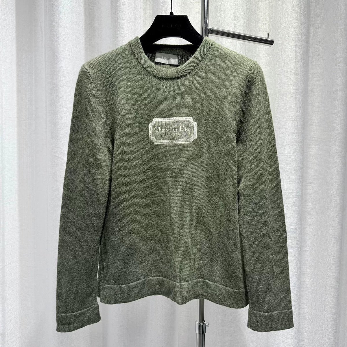 Dior Olive Slogan Embroidered Logo Ribbed Collar Cashmere Sweater