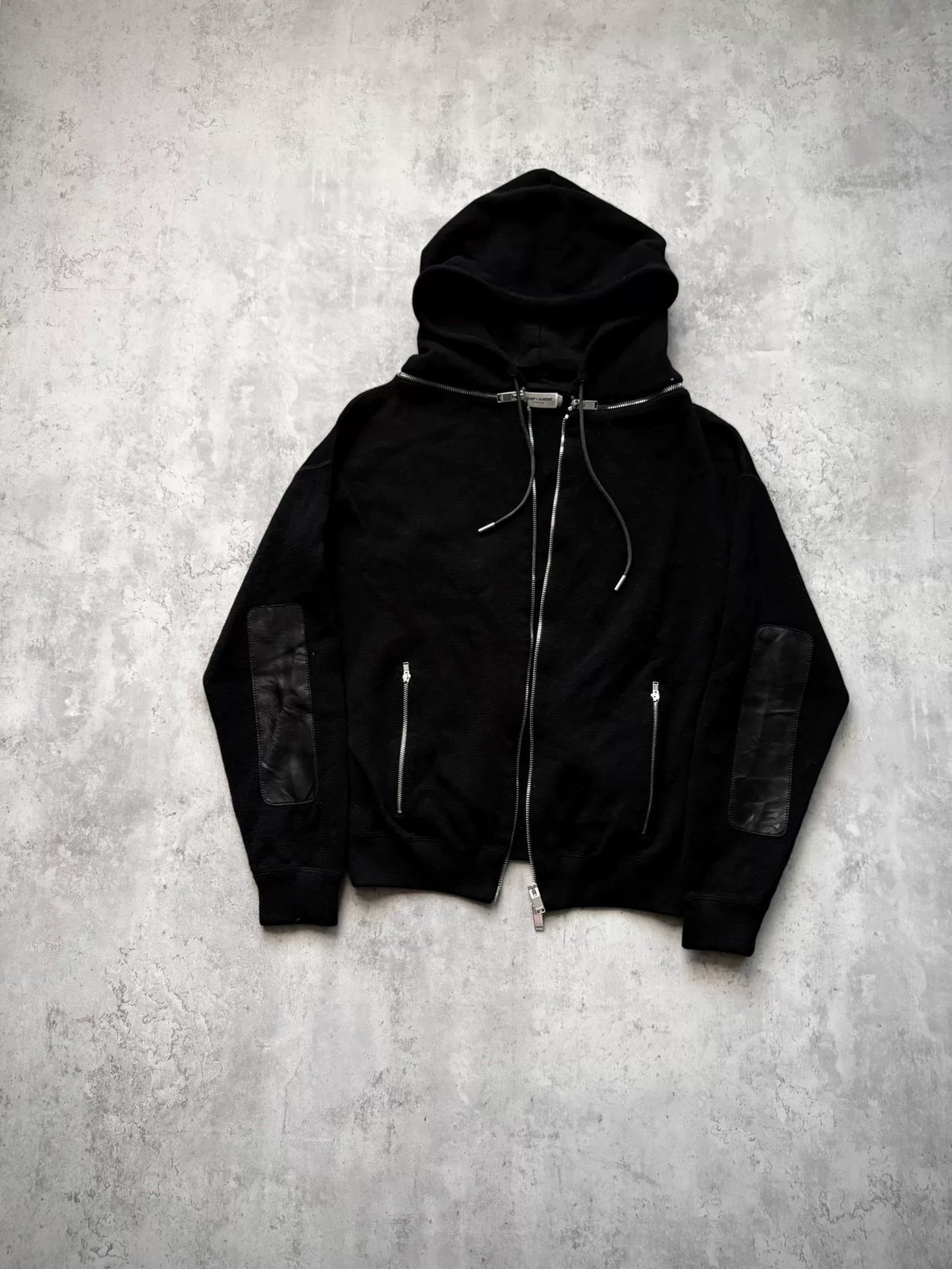 Saint Laurent Paris 13SS Black Leather Elbow Patch Detachable Hood Zip-Up Hoodie by Hedi Slimane