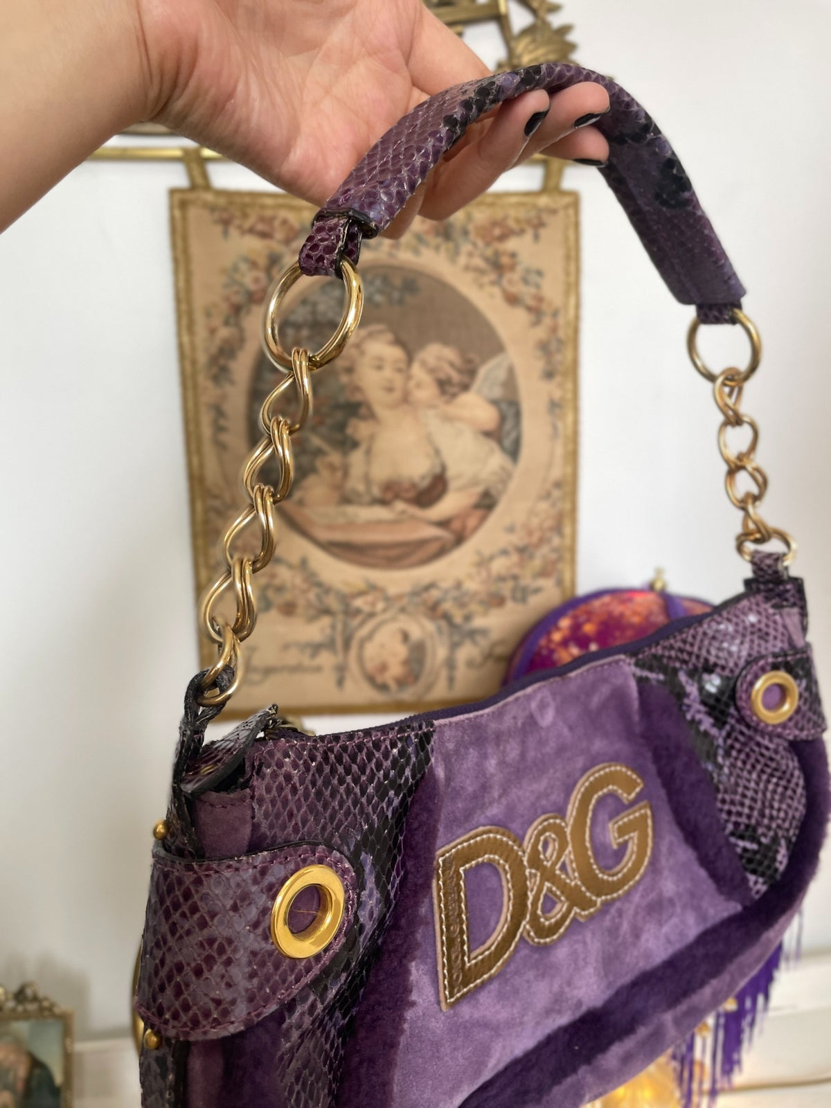 Dolce & Gabbana D&G Du Jia Ban Na purple snake pattern fuzzy patchwork secondhand bag