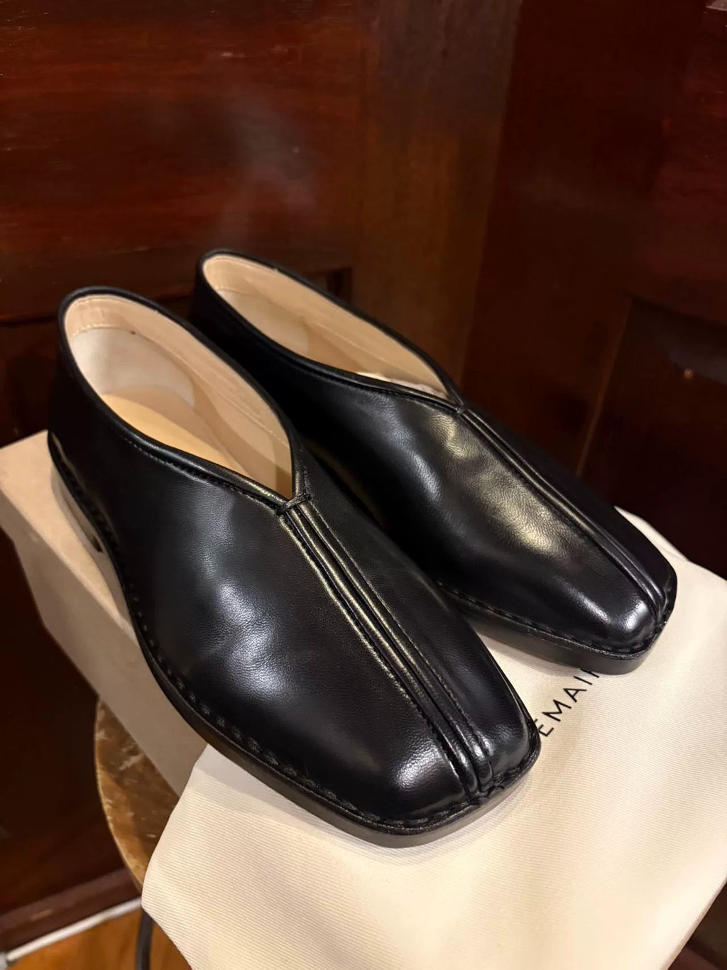 Lemaire SS24 Flat Piped slippers Black Lambskin Monk Strap Shoes