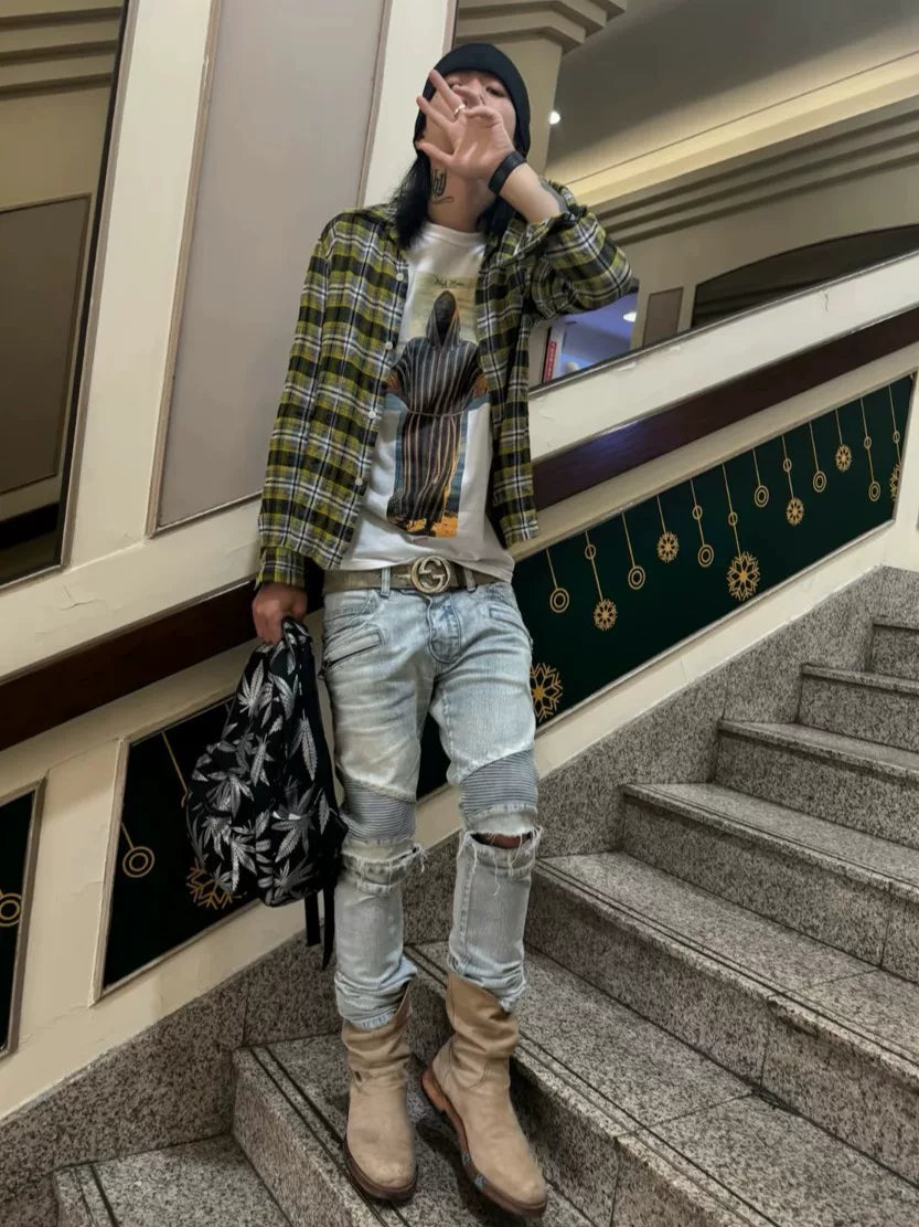 Balmain SS15 ice blue distressed biker jeans