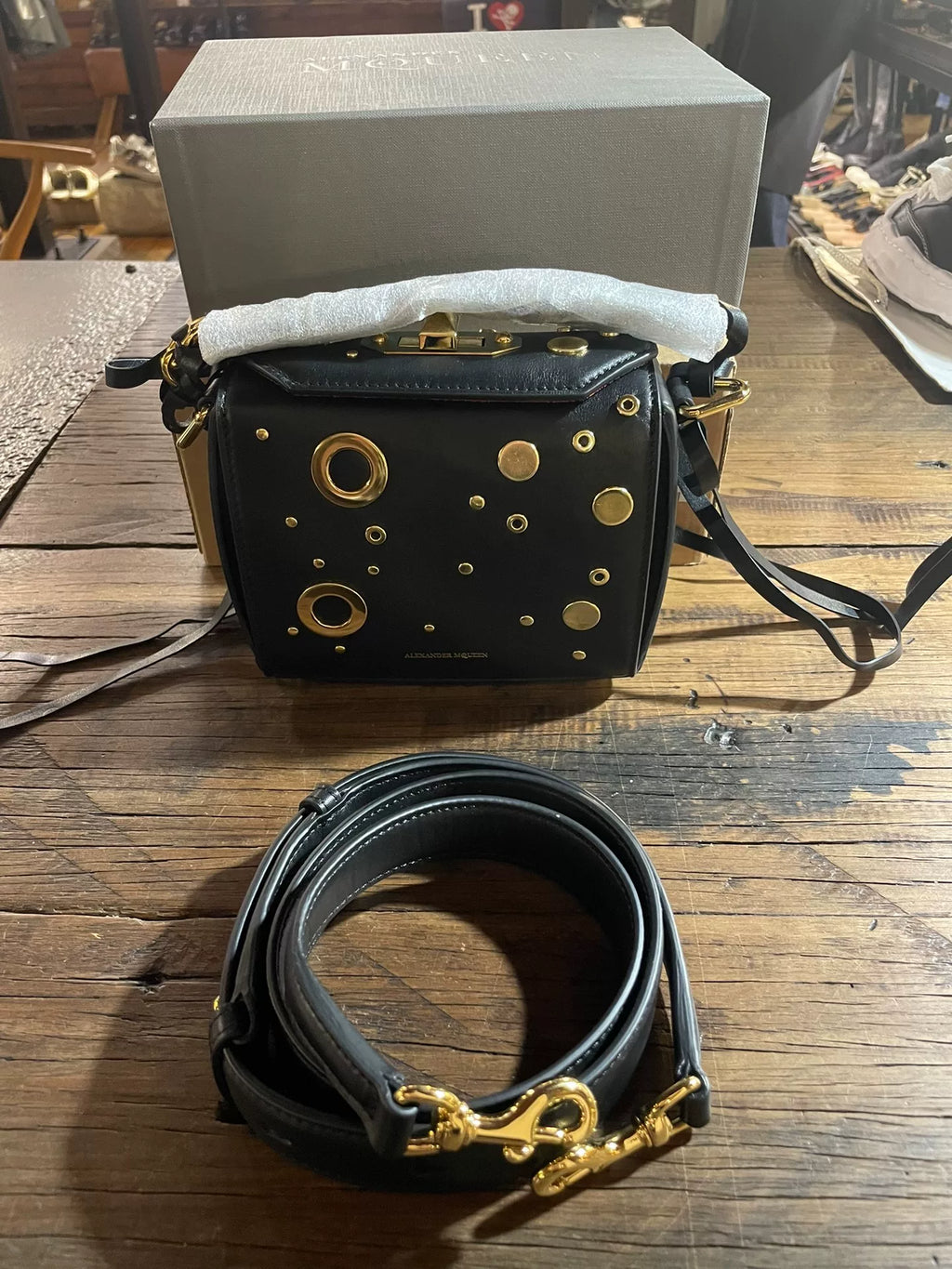 Alexander McQueen Black Metal Ring Square Box Tote Bag