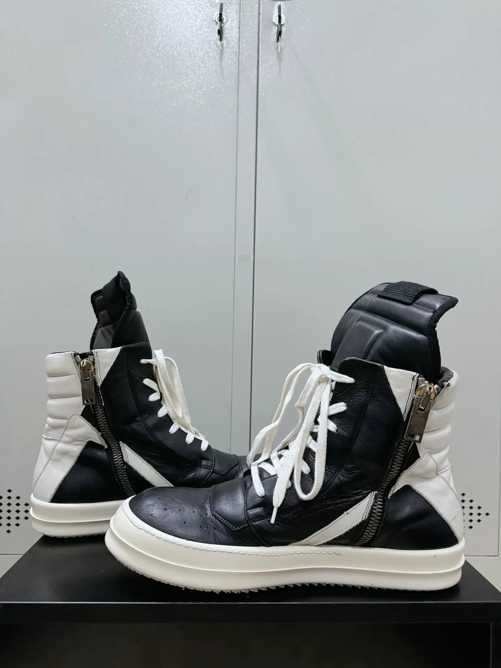 Rick Owens Black and White Inverted-Triangle Leather Sneakers