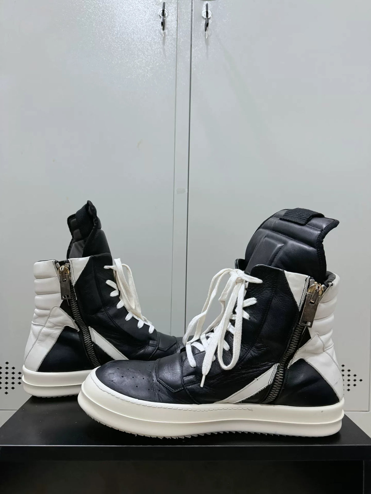 Rick Owens Black and White Inverted-Triangle Leather Sneakers