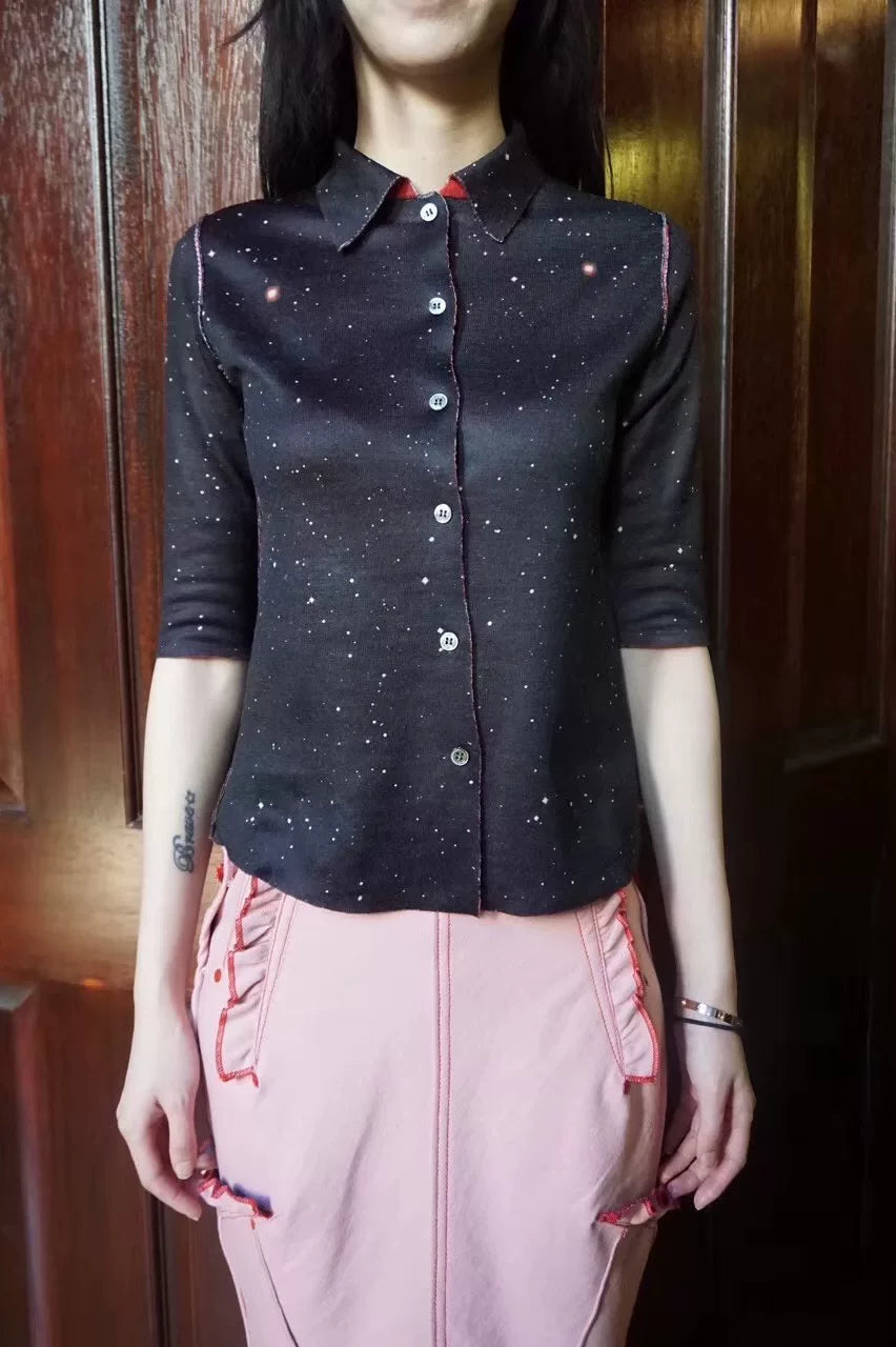 Undercover SS18 Red Sky Cloud Star Reversible Wool Polyester Knit Cardigan