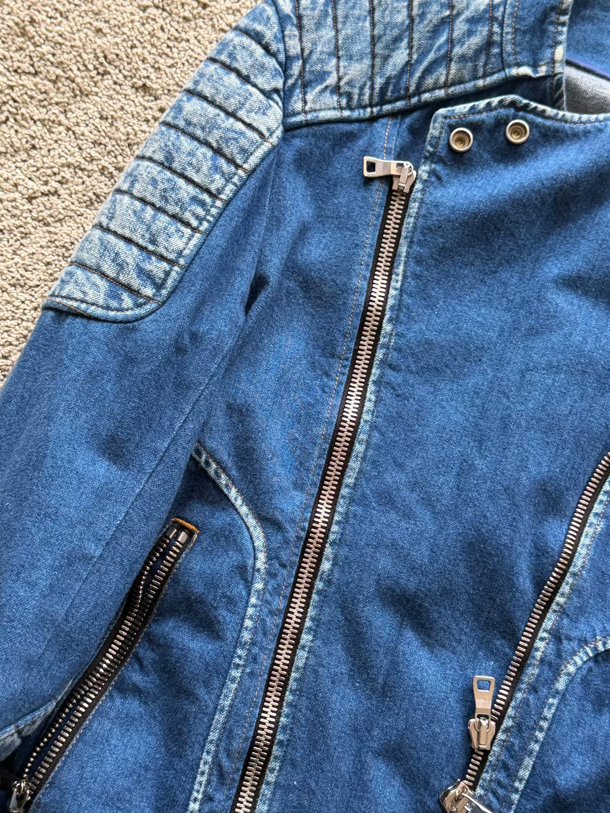 Balmain Quilted Biker Denim Jacket Anchor Patch