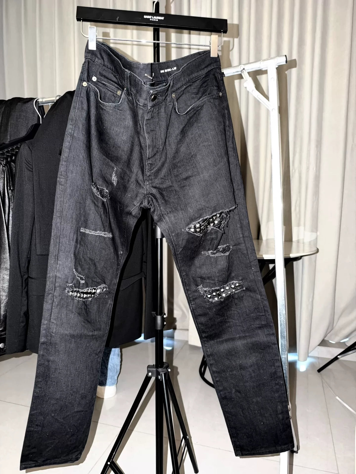 Saint Laurent D02 Black Rivet Distressed Denim Trousers by Hedi Slimane