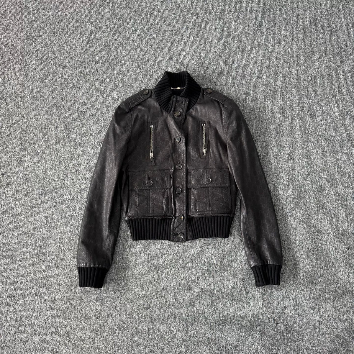 Gucci knit patchwork double-G all-over print leather pilot jacket
