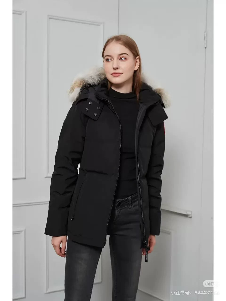 Canada Goose Black Classic Logo Wolf Fur Hood Down Jacket