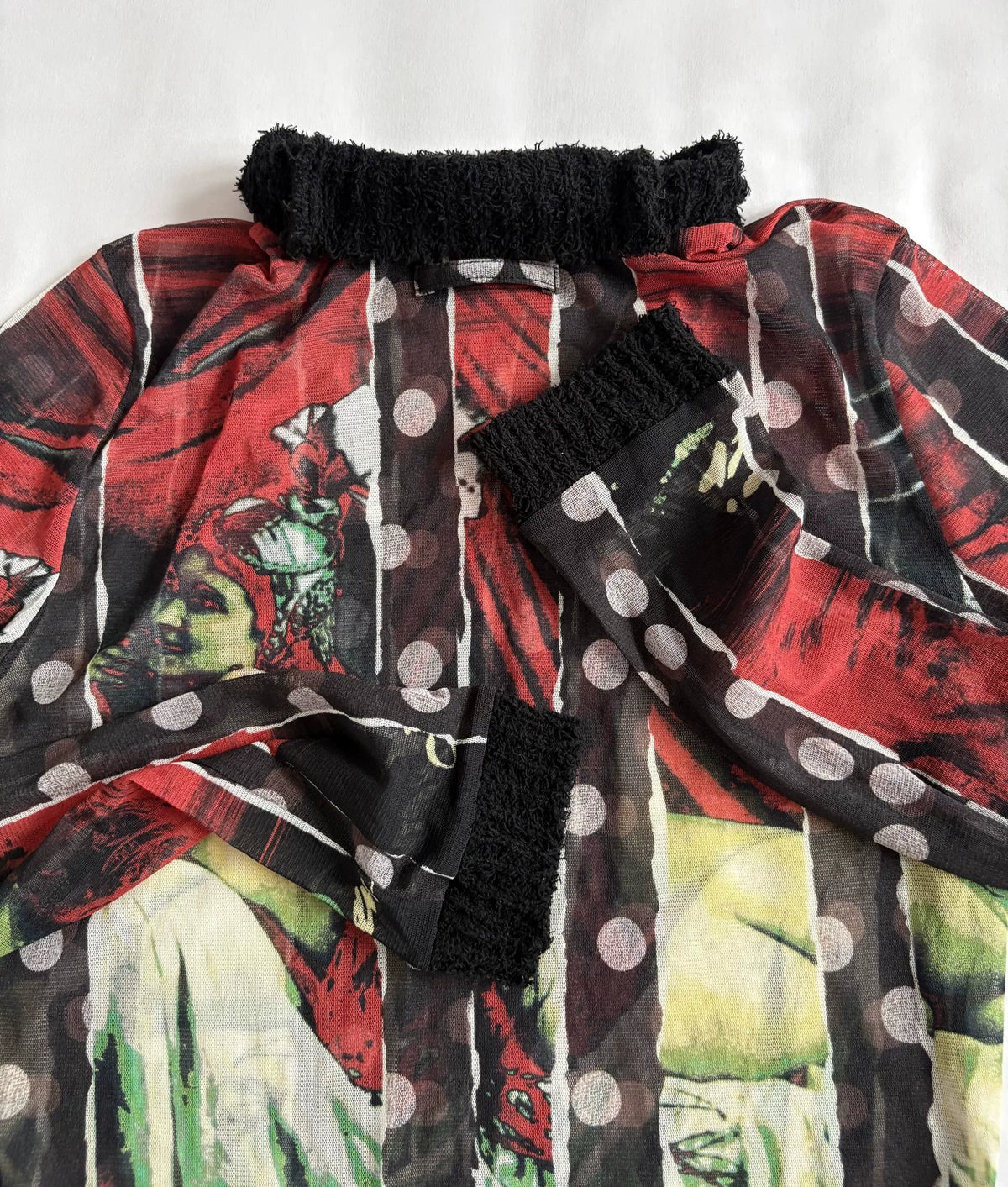 jean paul gaultier portrait print mesh dress Gaultier pre‑owned vintage beautiful woman portrait polka dot knit patchwork mesh top