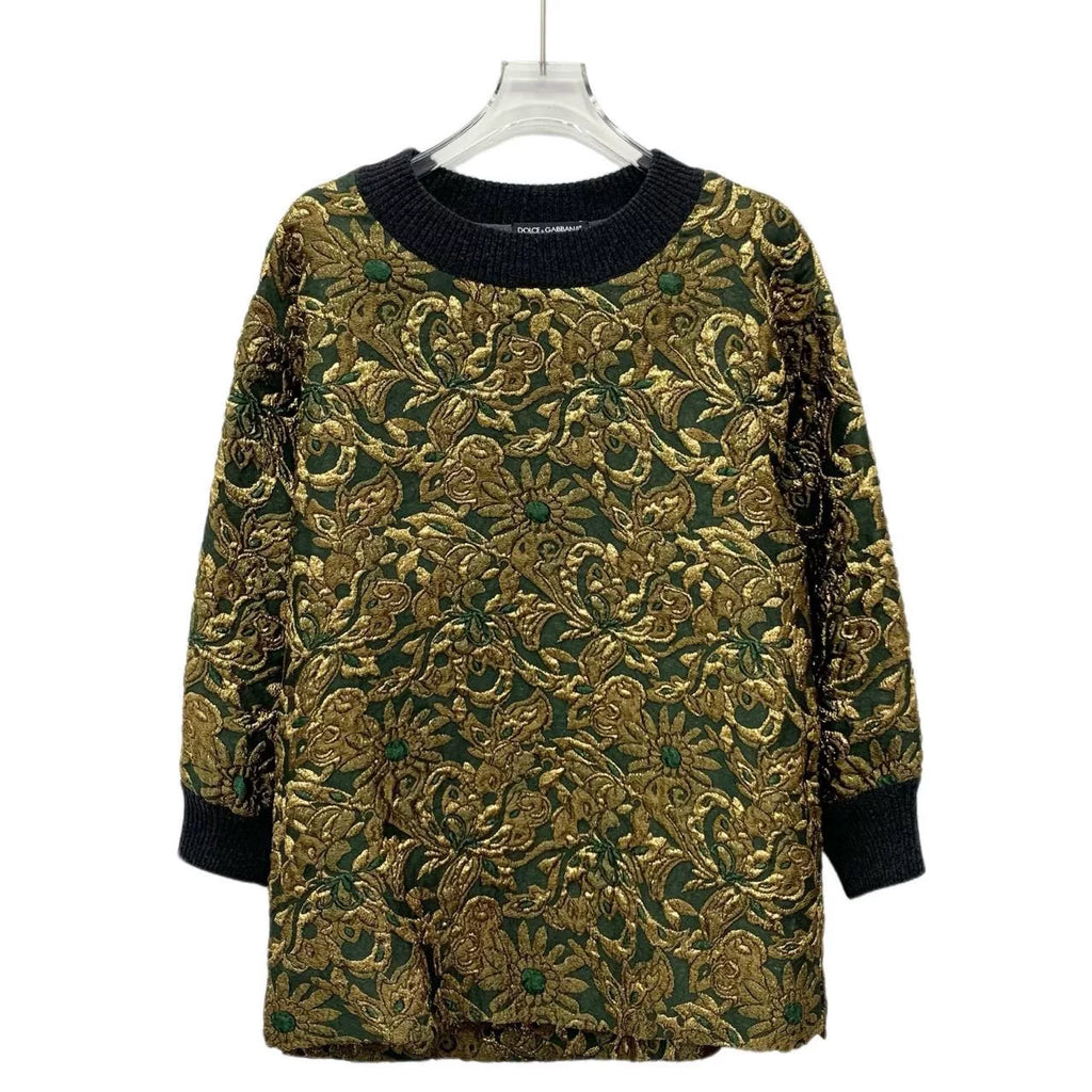 Dolce & Colorblock Floral Gold Thread Embroidered Crew Neck Knit Sweater
