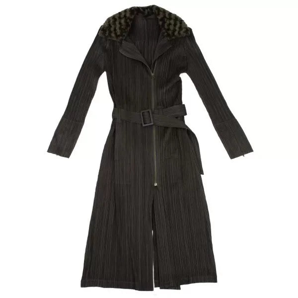 Issey Miyake Vintage Brown Double-Breasted Fur-Collar Pleated Coat