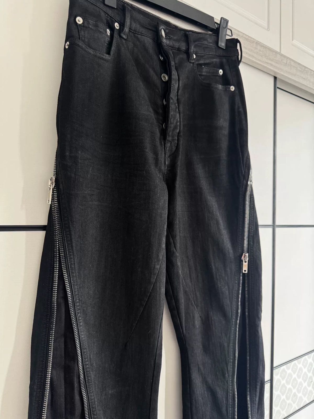 Rick Owens banana zip-up style waxed finish pants