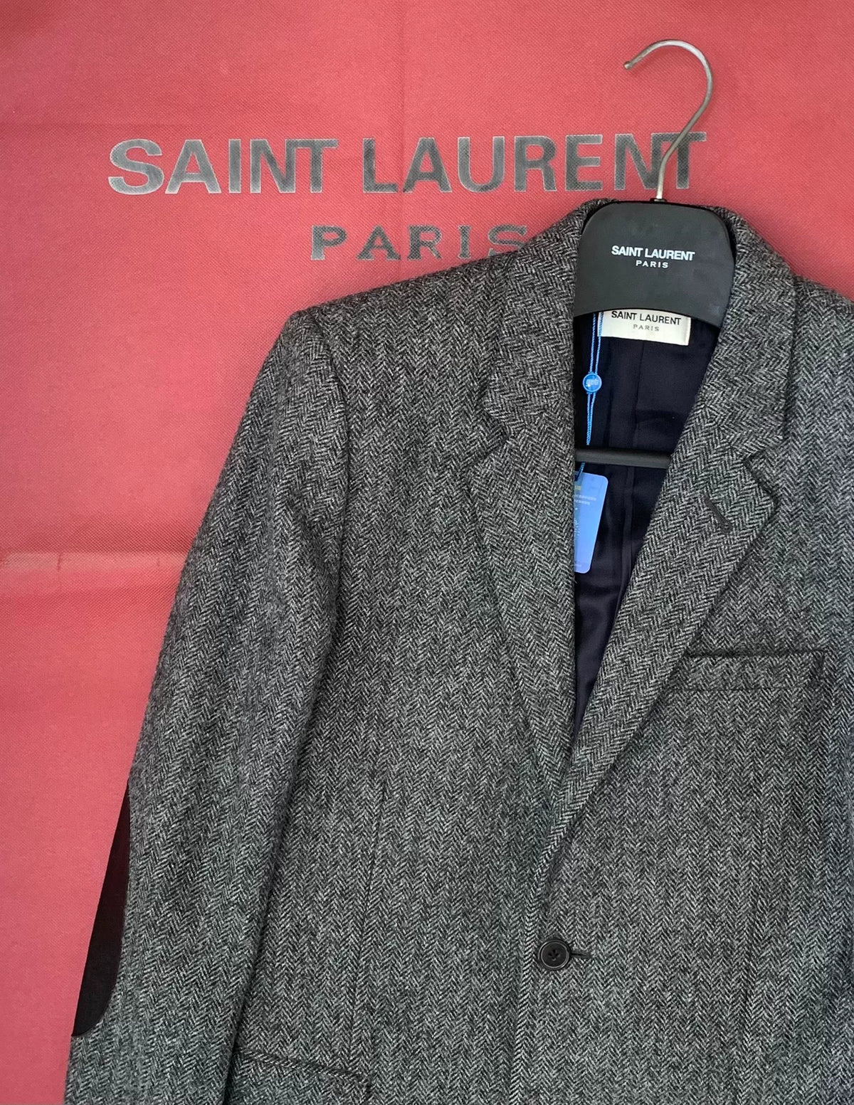 Saint Laurent FW14 Grey Herringbone Lambskin Elbow Patch Blazer