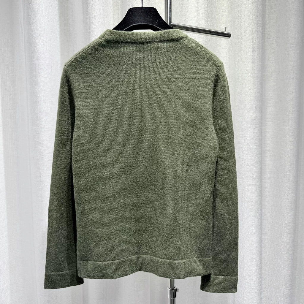 Dior Olive Slogan Embroidered Logo Ribbed Collar Cashmere Sweater