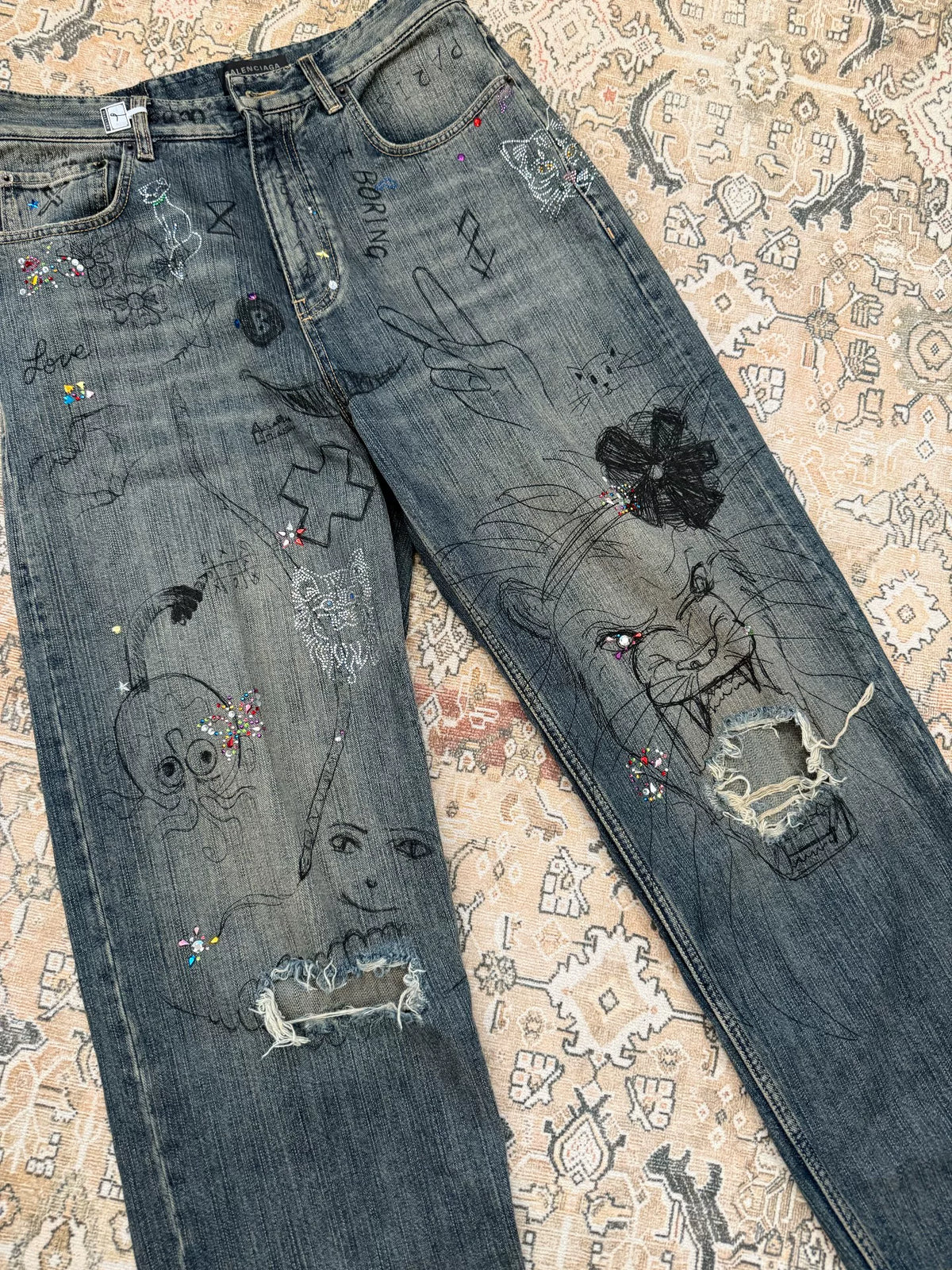 Balenciaga Multi-Element Rhinestone Graffiti Mud-Dyed Distressed Destroyed Jeans