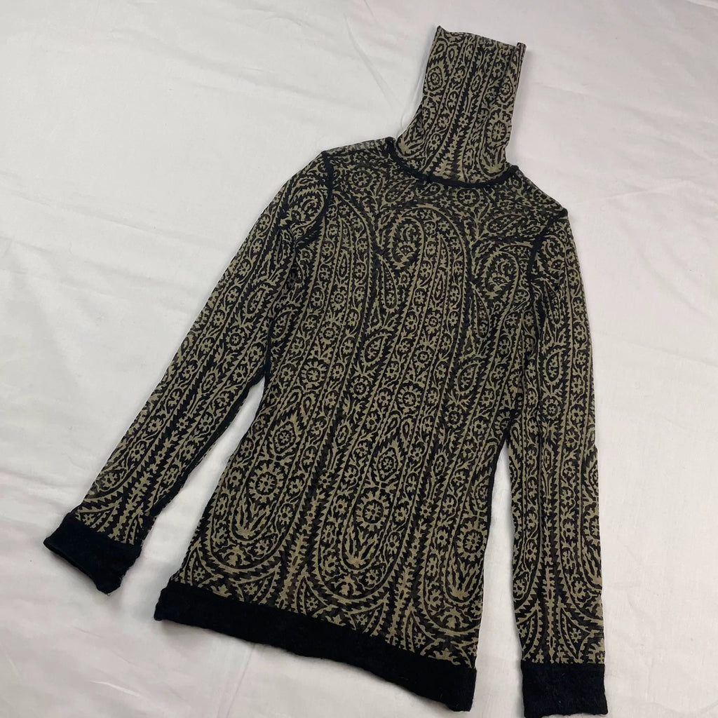Jean Paul Gaultier Arabic-style cashew print stretch mesh high-neck long-sleeve T-shirt