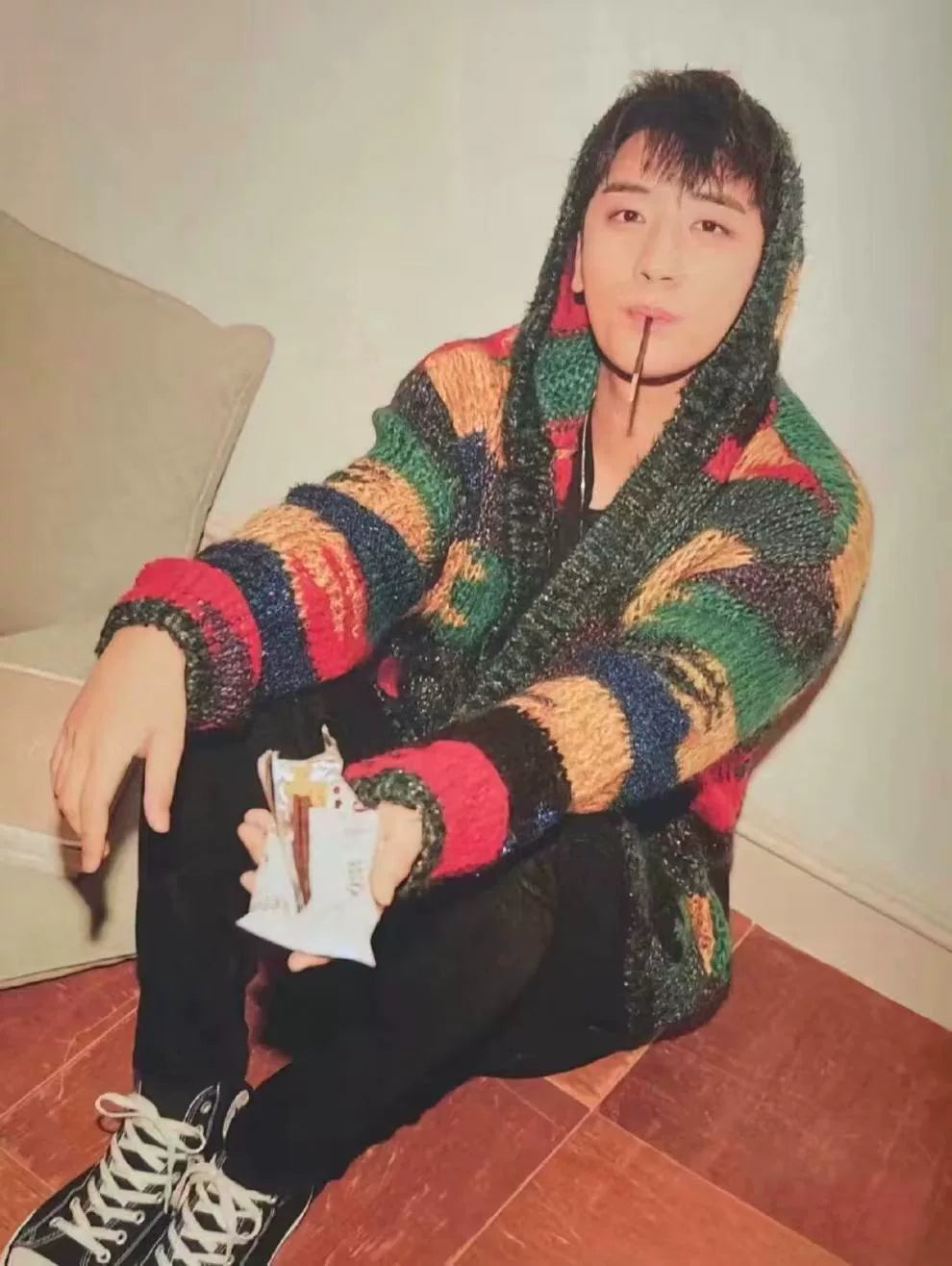 Saint Laurent FW18 Color-Block Mohair Hooded Cardigan
