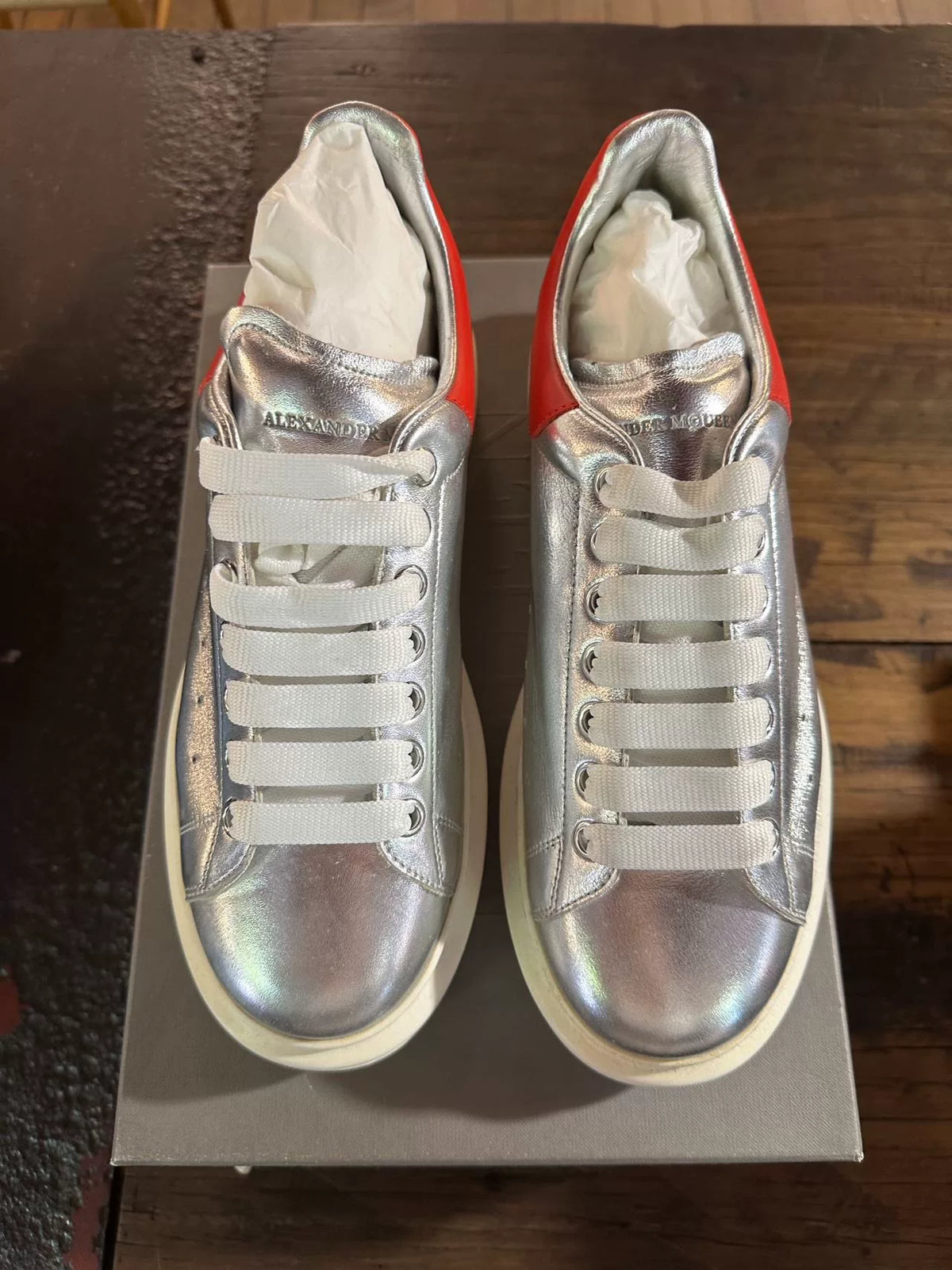 Alexander McQueen FW16 Silver Red Heel Low-Top Sneakers