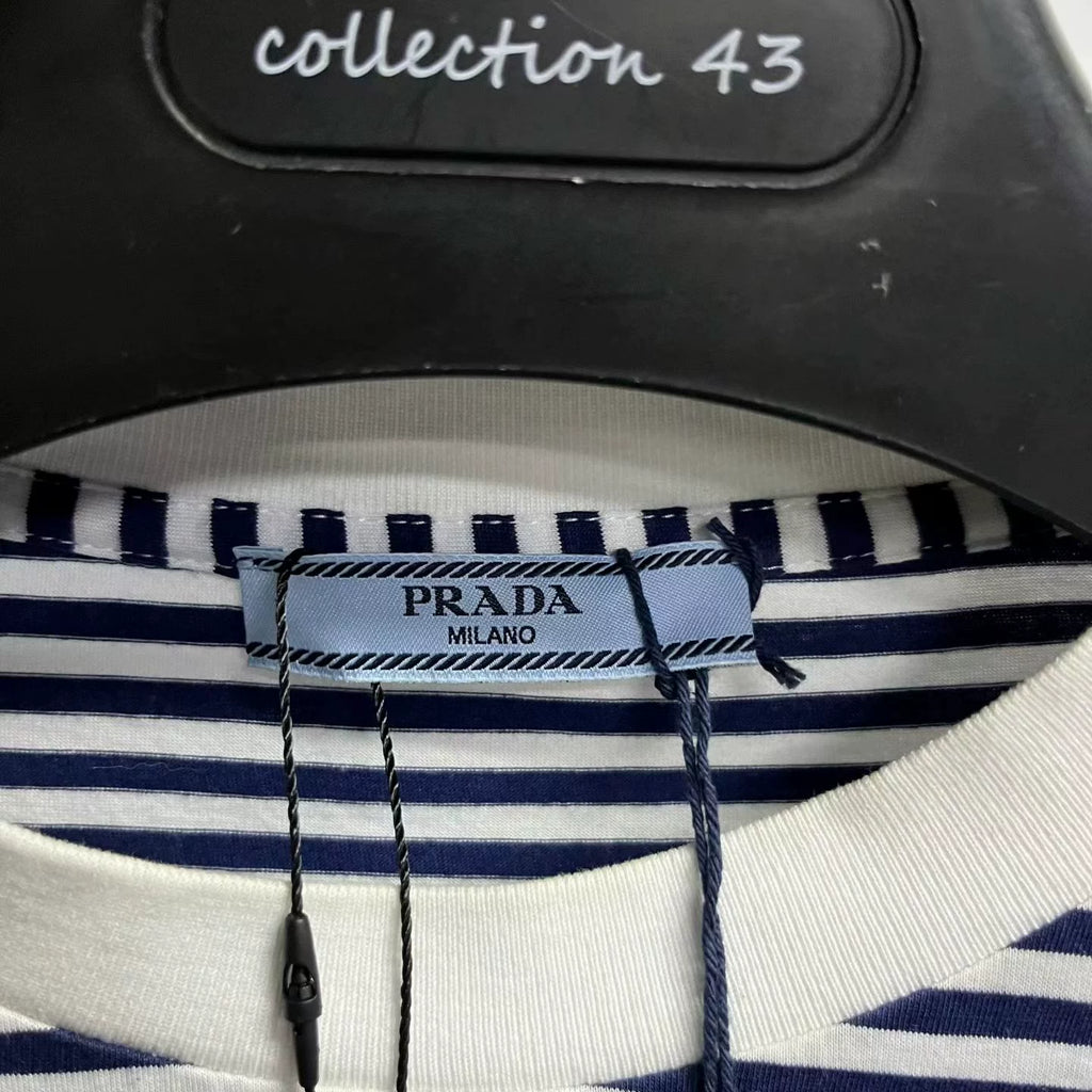 Prada Navy Blue Striped Plain-Weave Long-Sleeve T-Shirt