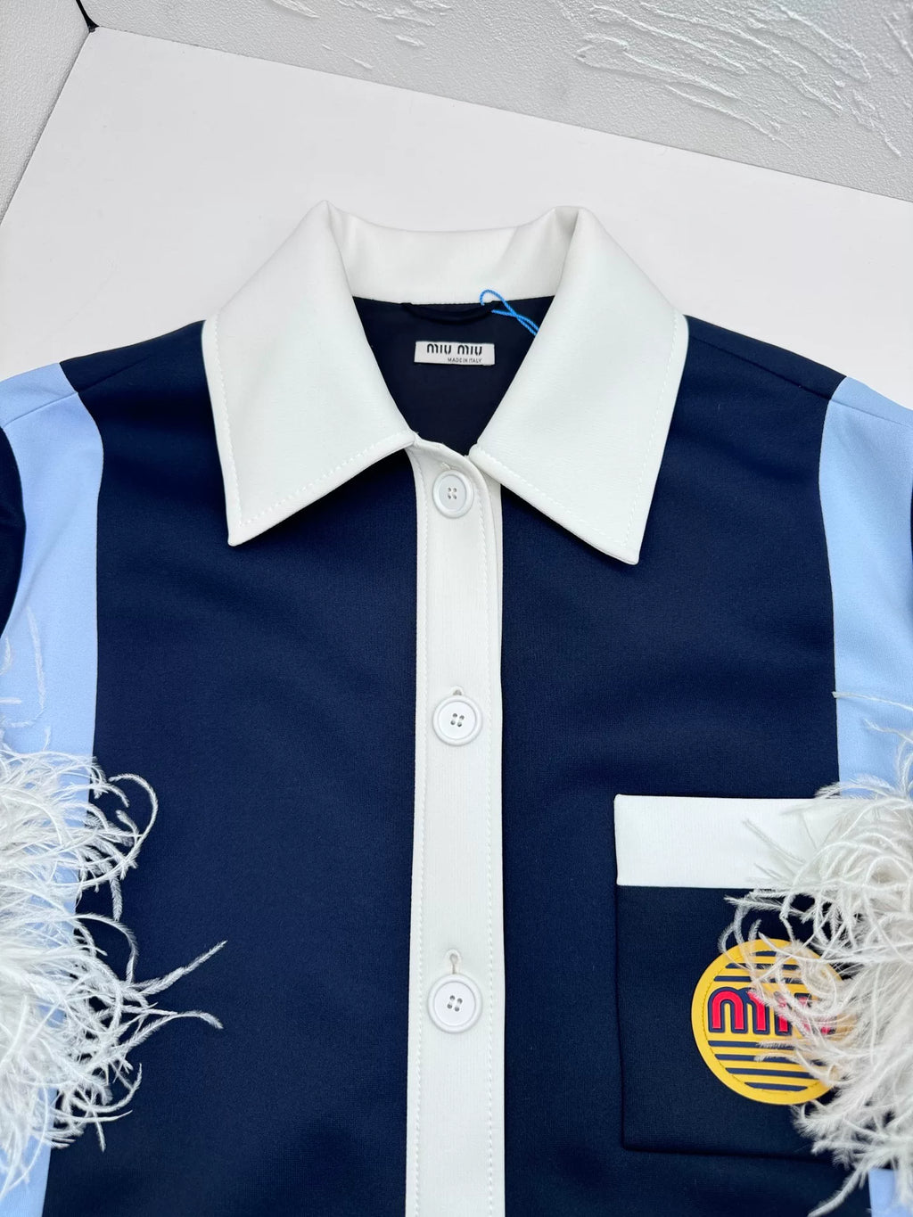 MiuMiu logo Blue White Feather Letter Patch Single-Breasted Jacket