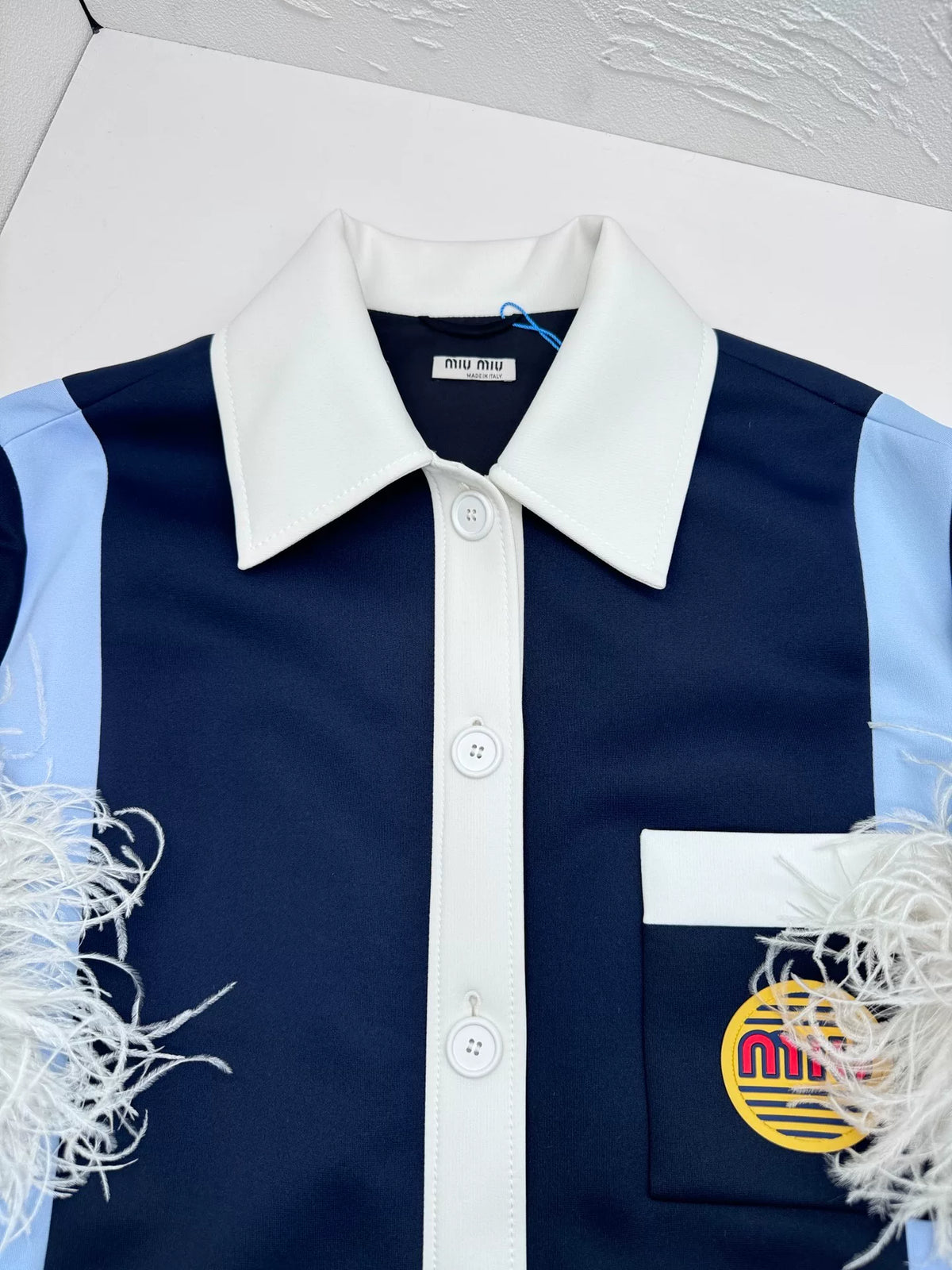 MiuMiu logo Blue White Feather Letter Patch Single-Breasted Jacket
