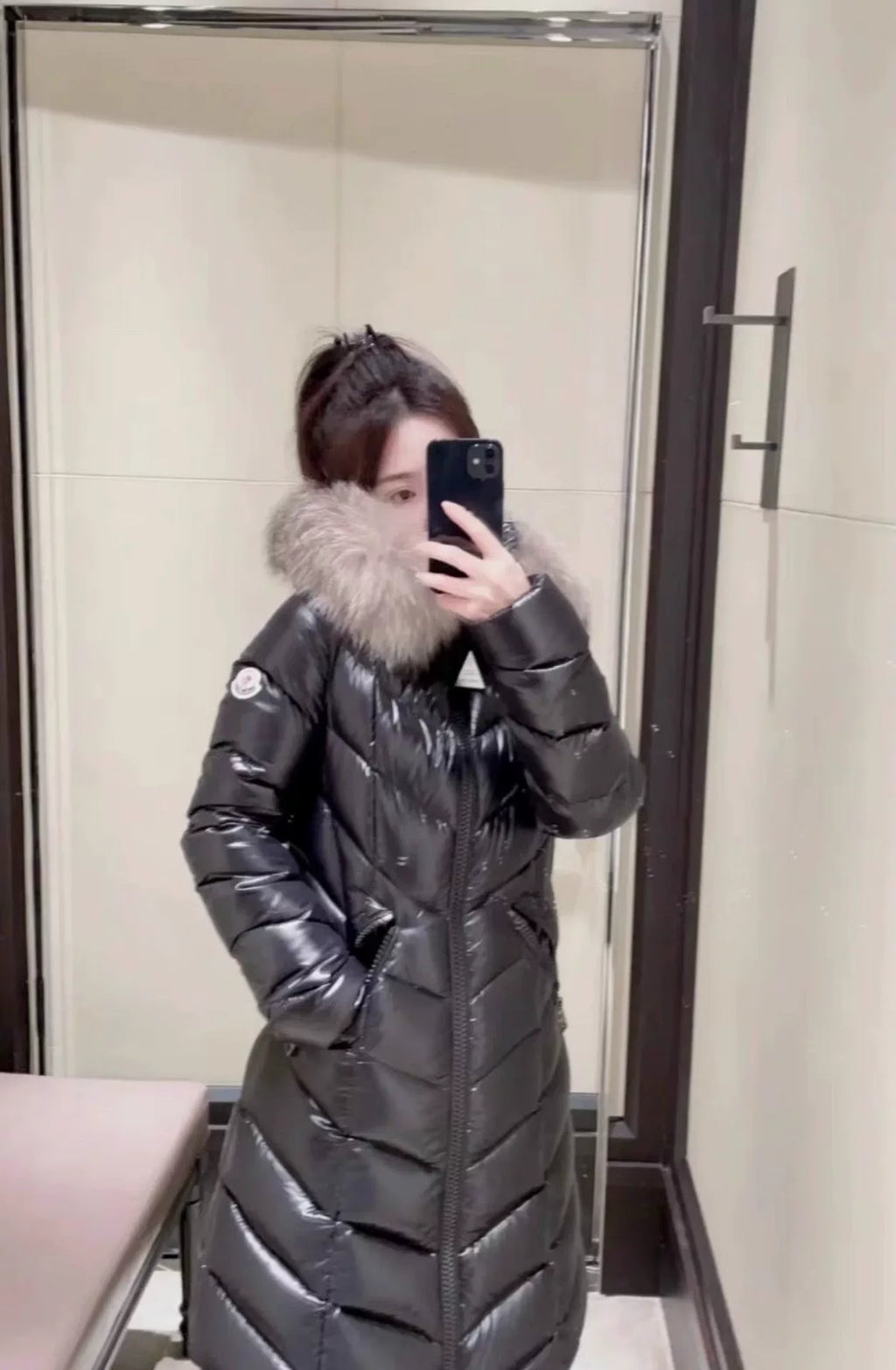 Moncler Belloy Glossy Fur-Collar Down Coat