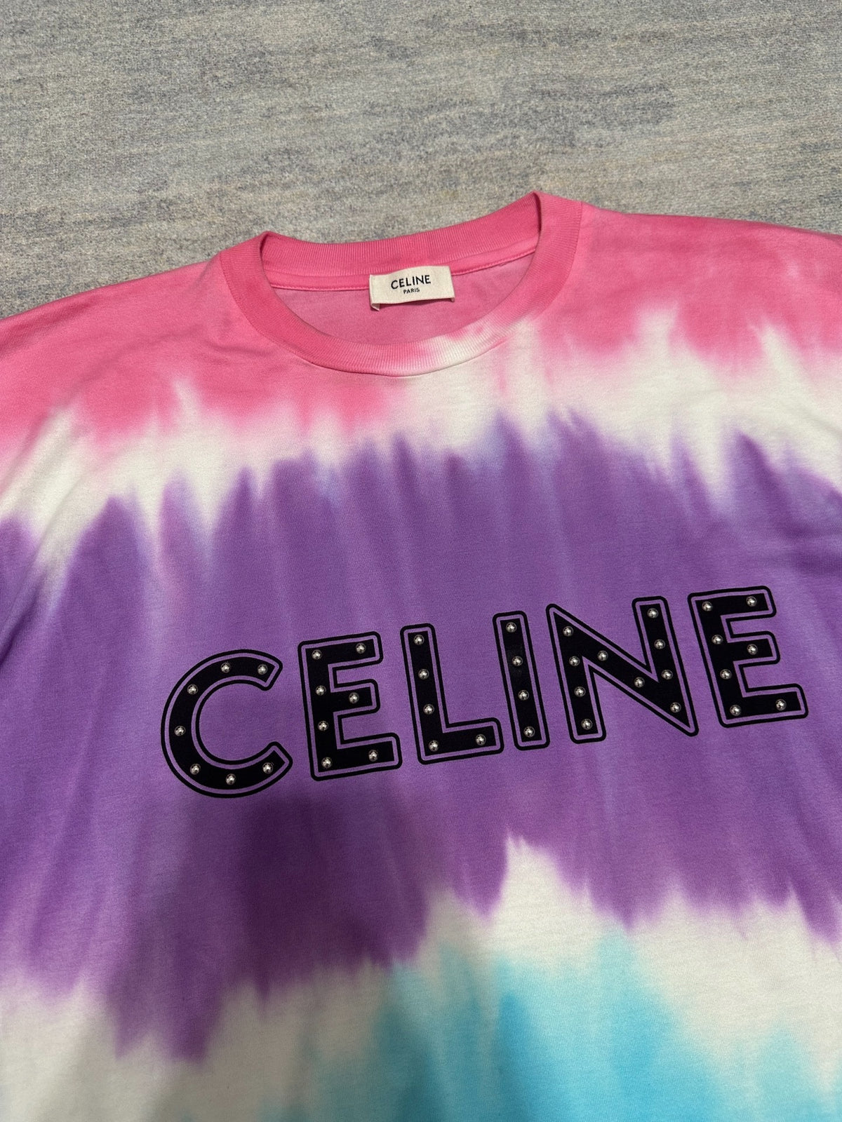 Celine 2016 Studded Tie-Dye Logo Short Sleeve Shirt by Hedi Slimane