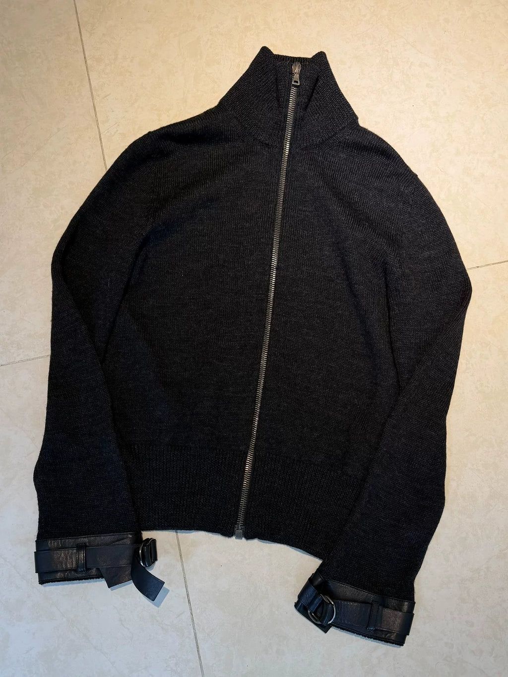 Prada Dark Grey Ribbed Turtleneck Wool Zip-Up Jacket