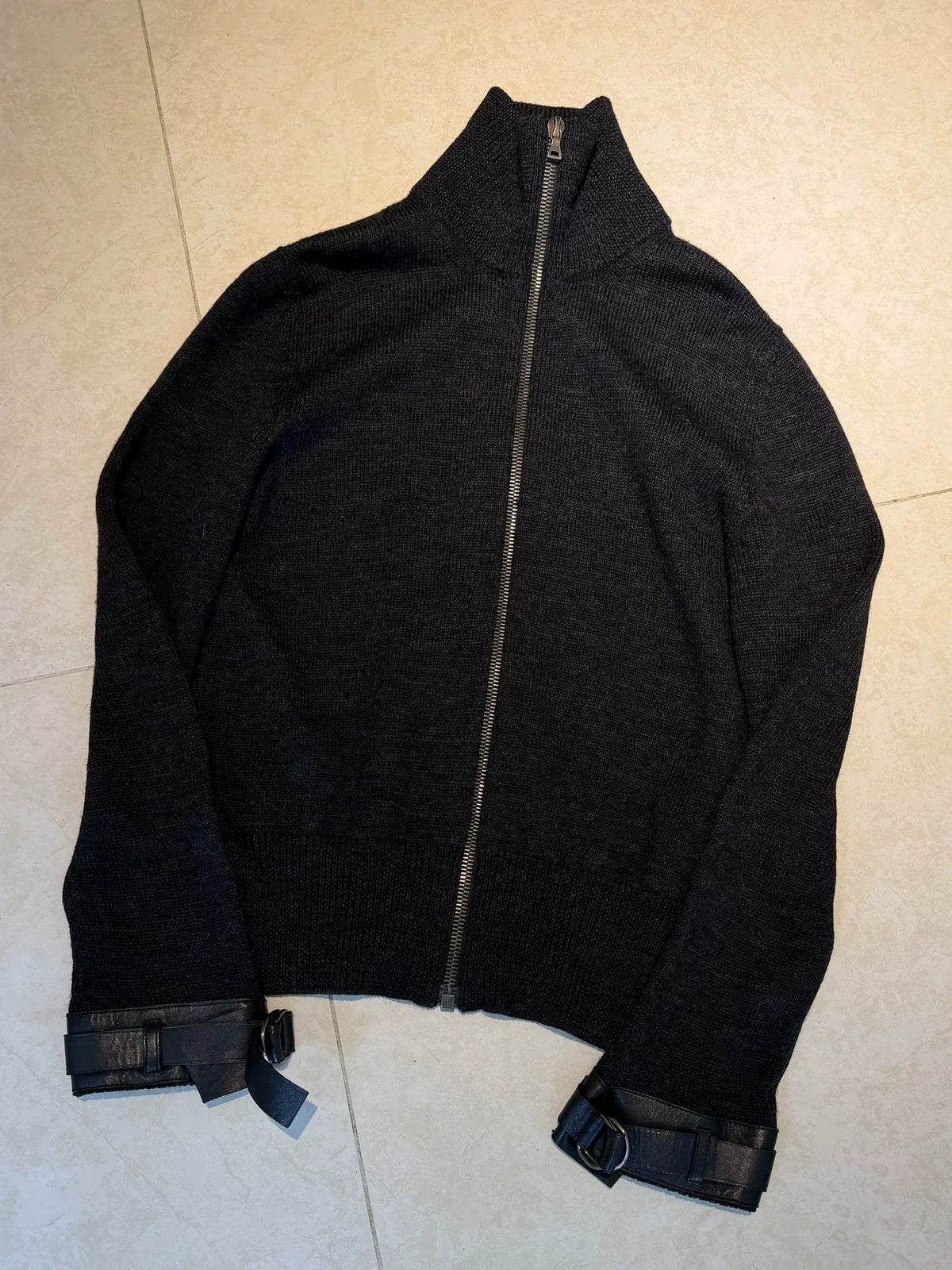 Prada Dark Grey Ribbed Turtleneck Wool Zip-Up Jacket
