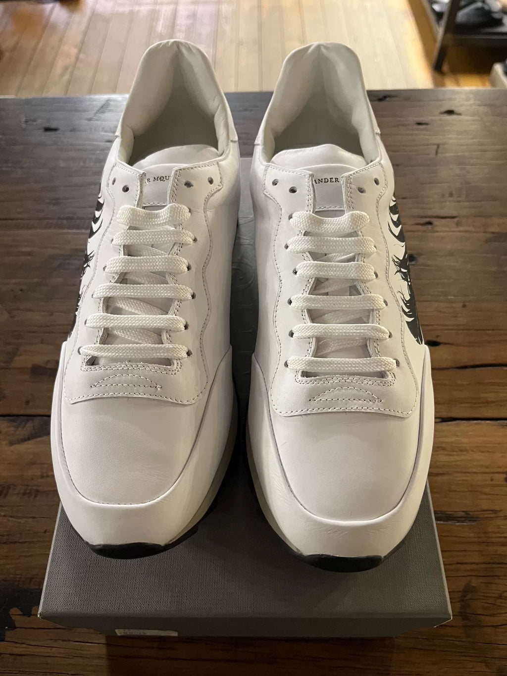 Alexander McQueen SS15 White Feather Print Leather Sneakers